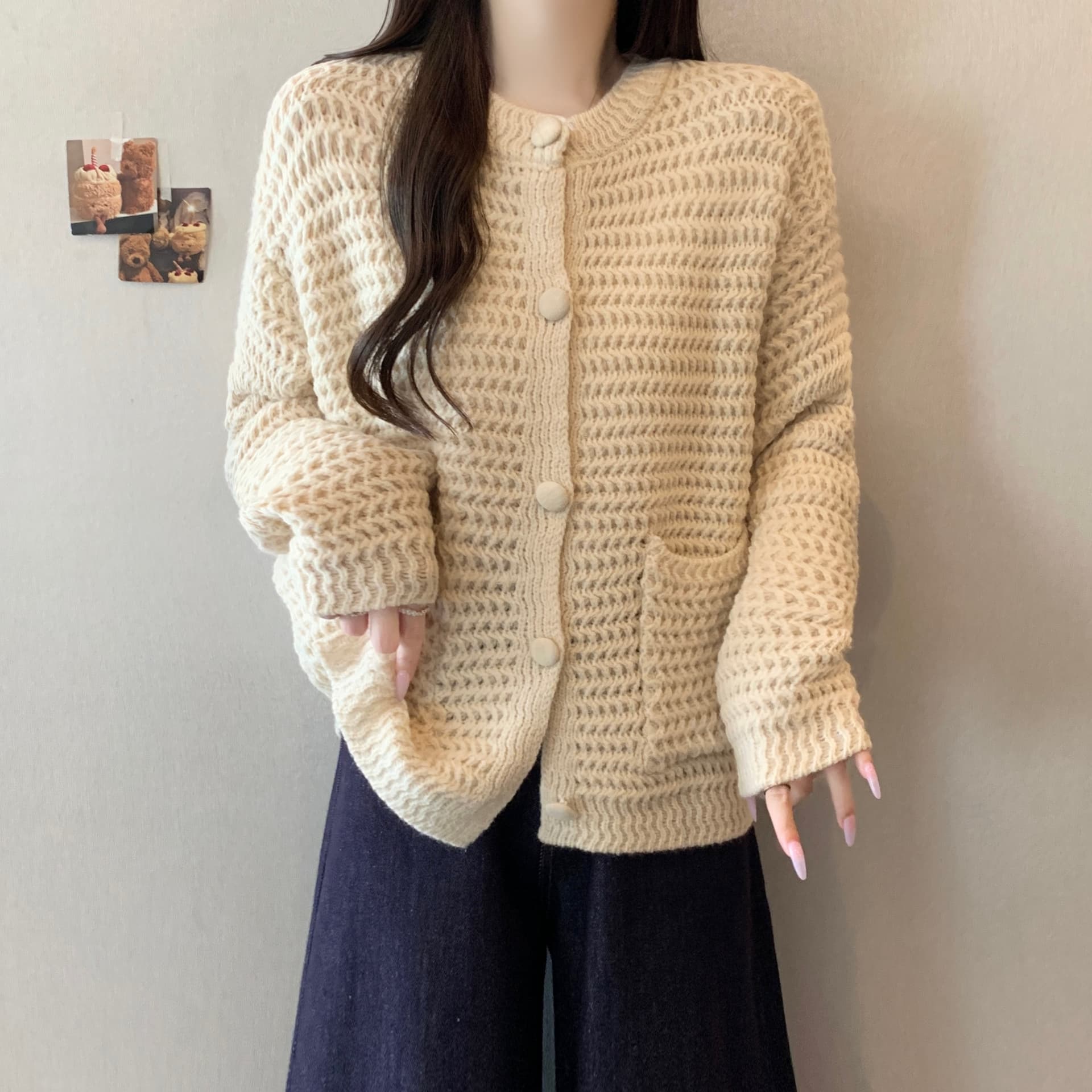 한 부서 부드러운 느긋한 바람 두꺼운 바늘 싱글 줄 버튼 니트 스웨터 새로운 분위기 센스 다용도 슬림해 보이는 스웨터 트렌디 섹션 재킷 이미지 3