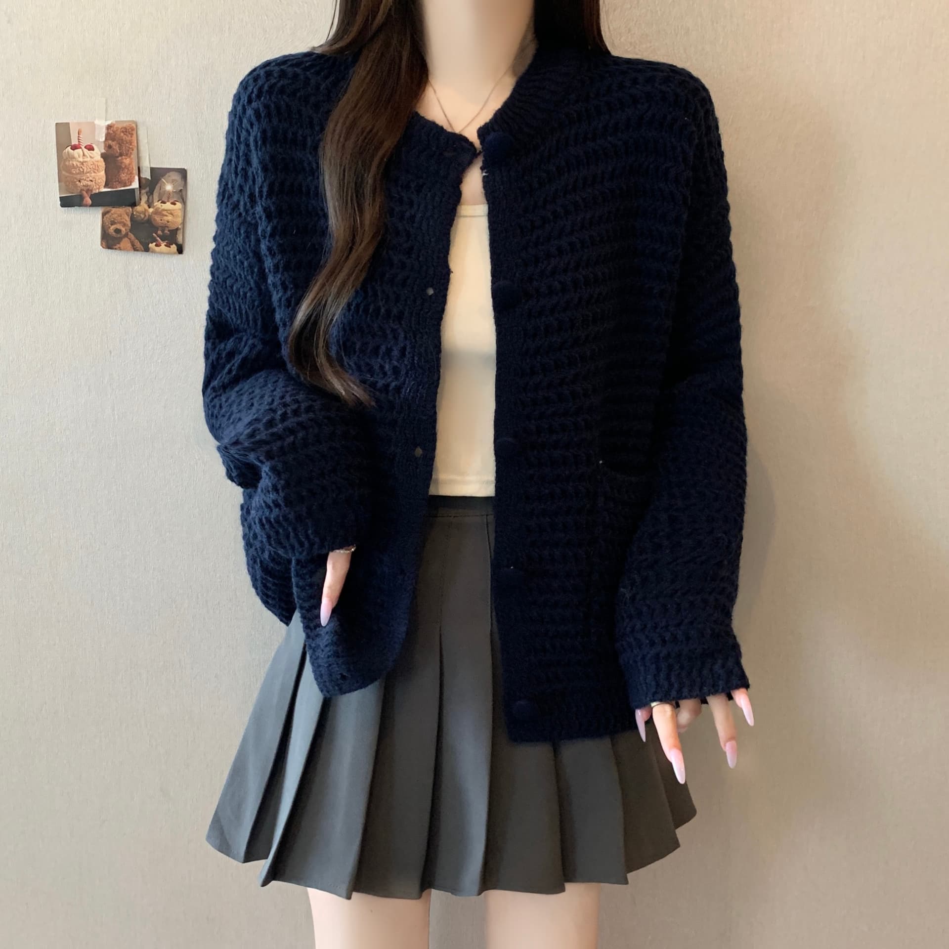 한 부서 부드러운 느긋한 바람 두꺼운 바늘 싱글 줄 버튼 니트 스웨터 새로운 분위기 센스 다용도 슬림해 보이는 스웨터 트렌디 섹션 재킷 이미지 6