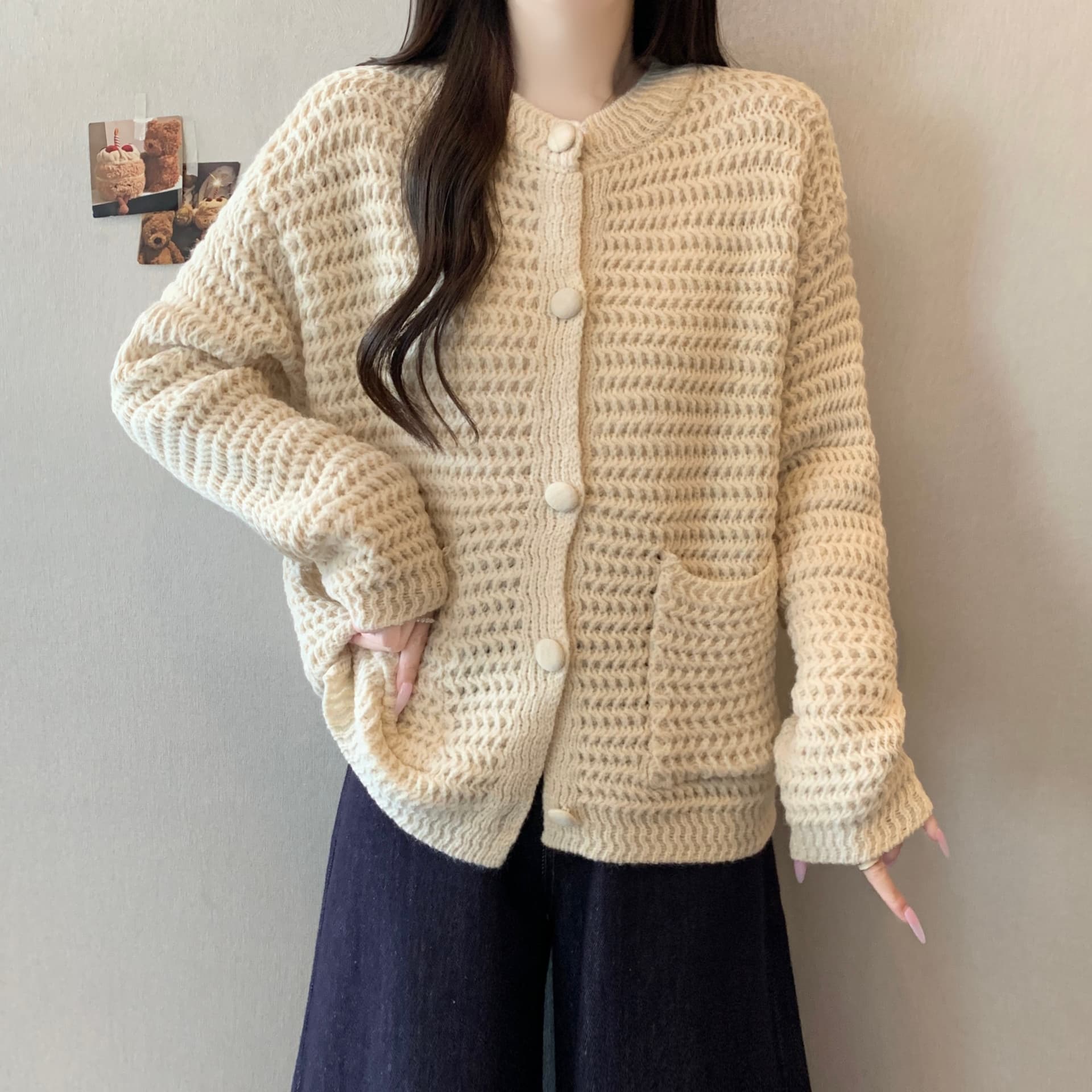 한 부서 부드러운 느긋한 바람 두꺼운 바늘 싱글 줄 버튼 니트 스웨터 새로운 분위기 센스 다용도 슬림해 보이는 스웨터 트렌디 섹션 재킷 상세 이미지 2