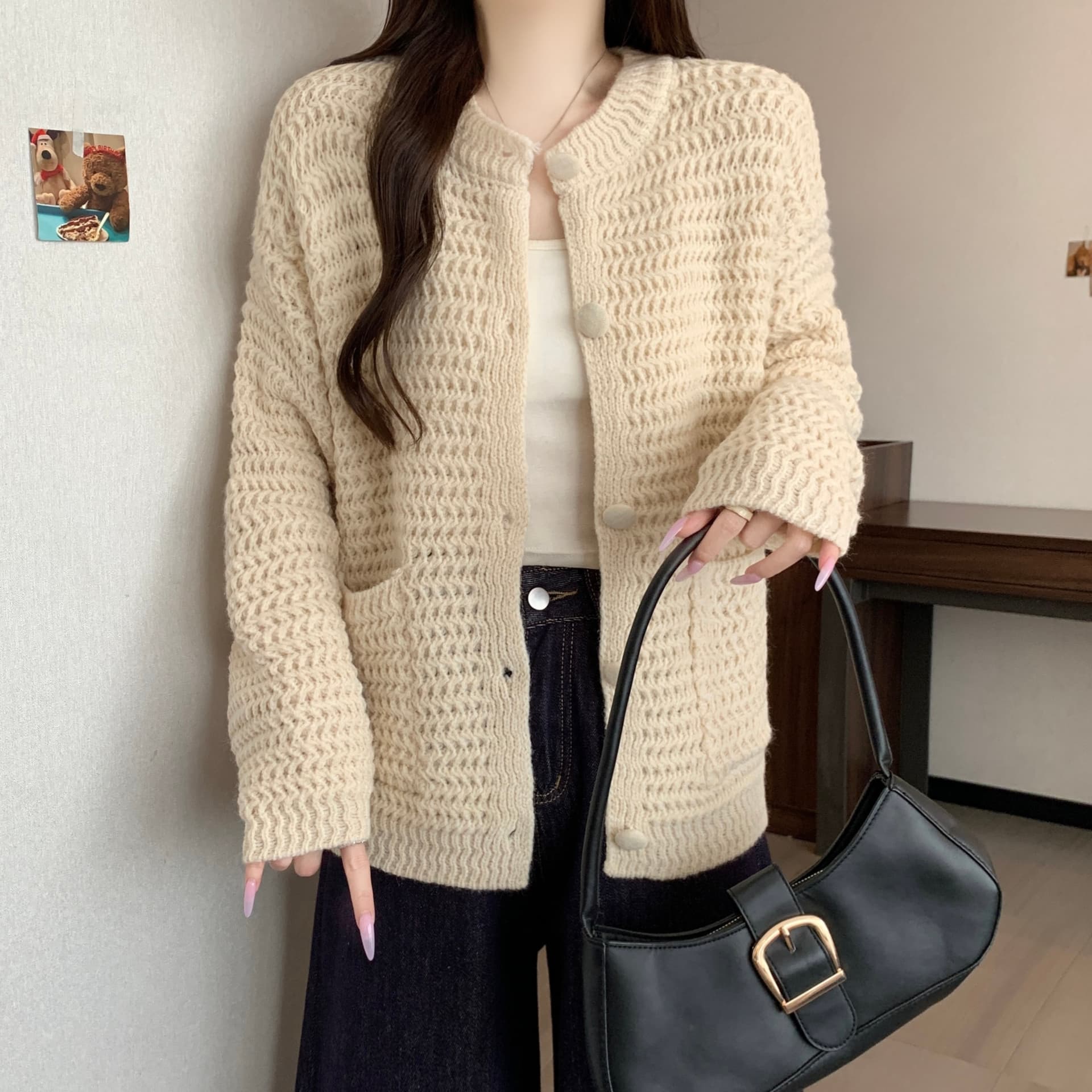 한 부서 부드러운 느긋한 바람 두꺼운 바늘 싱글 줄 버튼 니트 스웨터 새로운 분위기 센스 다용도 슬림해 보이는 스웨터 트렌디 섹션 재킷 상세 이미지 9