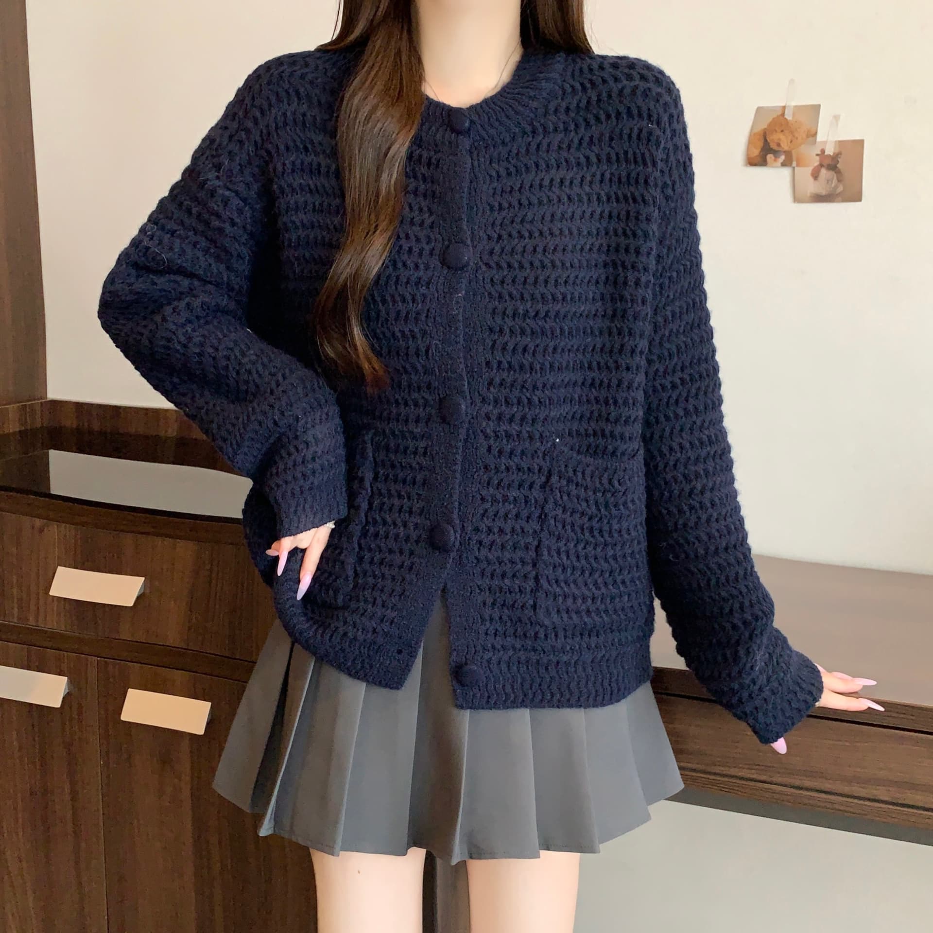 한 부서 부드러운 느긋한 바람 두꺼운 바늘 싱글 줄 버튼 니트 스웨터 새로운 분위기 센스 다용도 슬림해 보이는 스웨터 트렌디 섹션 재킷 상세 이미지 13
