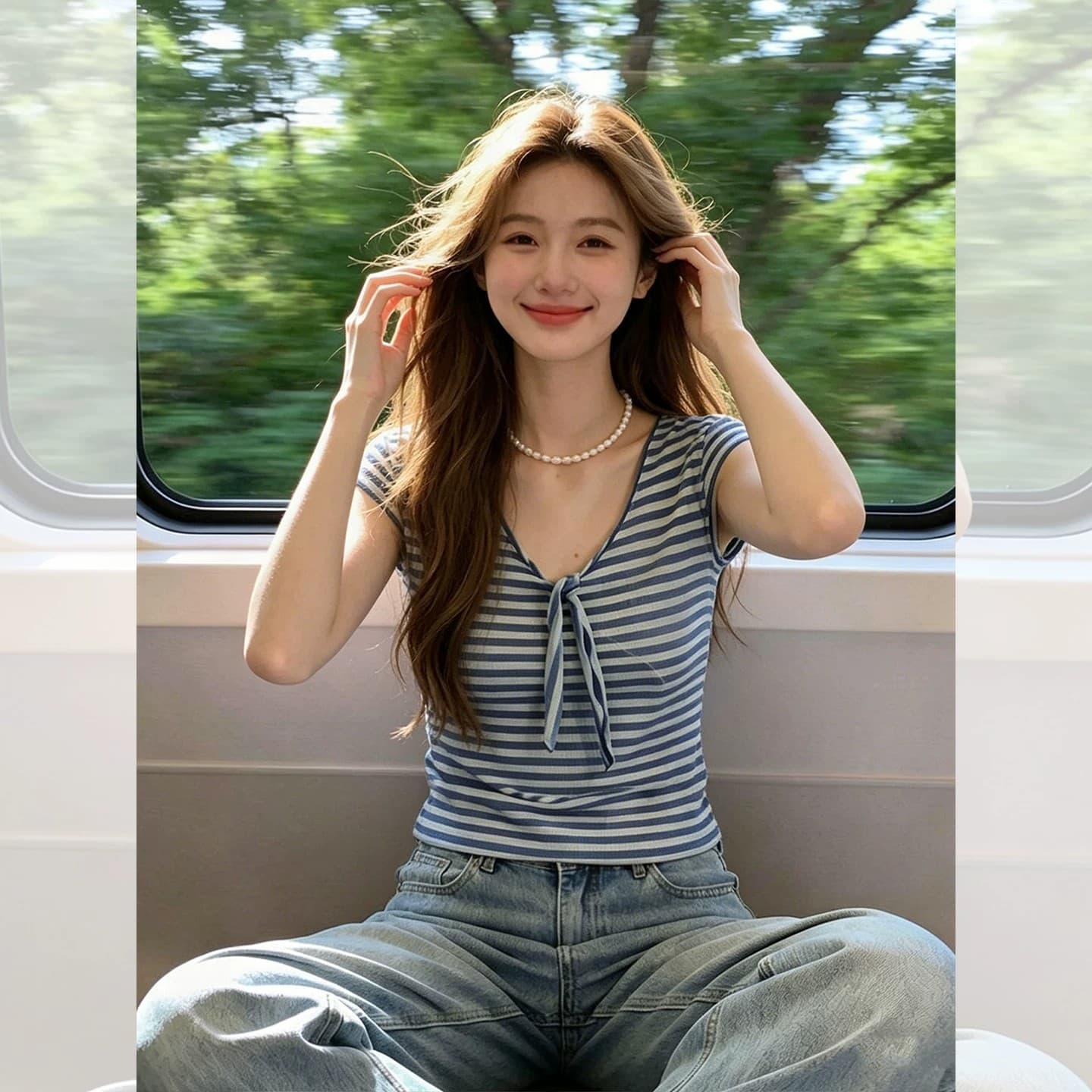 한 부서 파란색 스트라이프 V넥 Feifei 소매 반팔 티셔츠 여성 여름 작은 키 튀김 거리 고유 한 아름다운 쇼트 스타일 맨위 상세 이미지 4