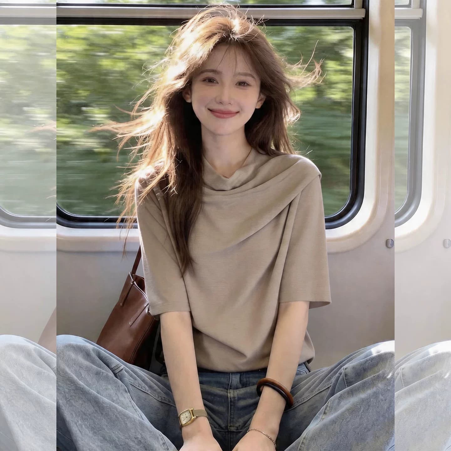 프랑스식 빛 요리 한 흔들다 칼라 반팔 티셔츠 여성 슬림해 보이는 표지 배 연령 감소 외국 가스 주름 루즈핏 다용도 여름 드레스 맨위 이미지 2