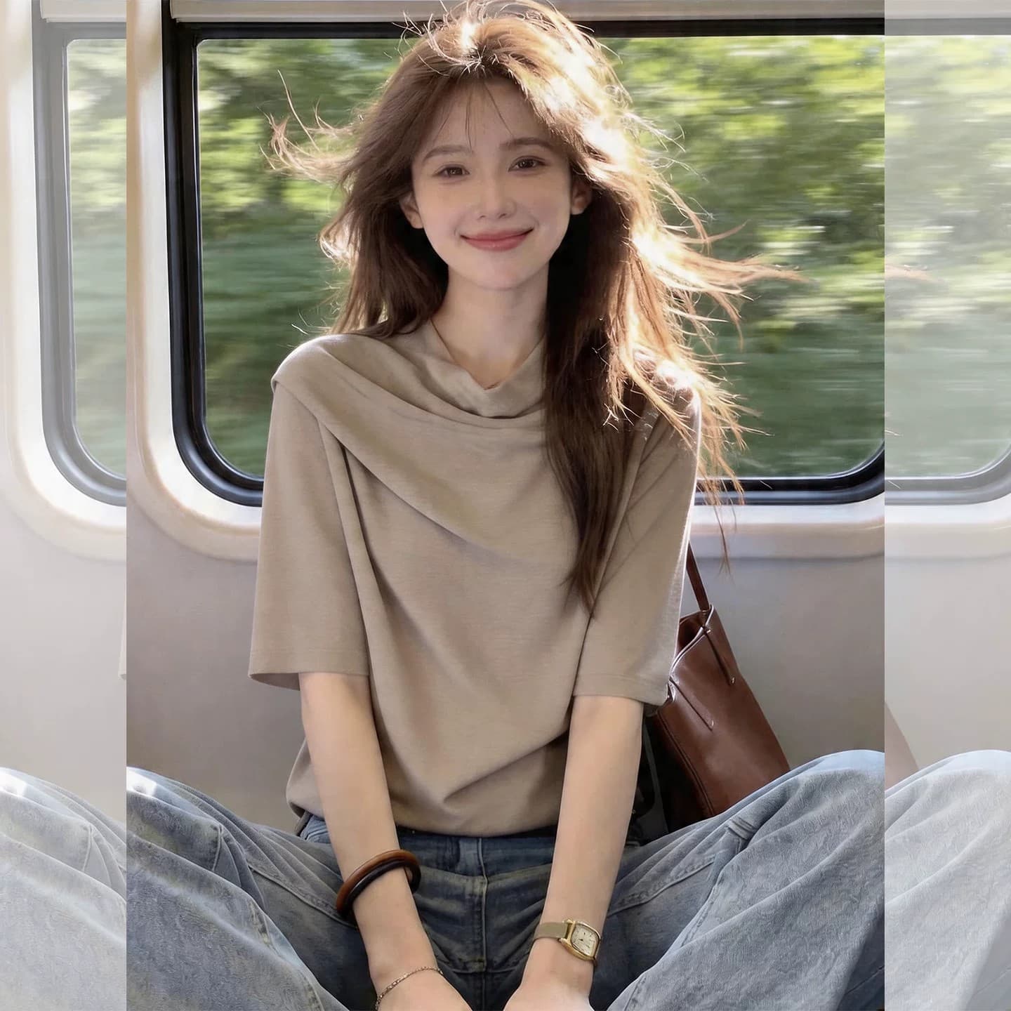 프랑스식 빛 요리 한 흔들다 칼라 반팔 티셔츠 여성 슬림해 보이는 표지 배 연령 감소 외국 가스 주름 루즈핏 다용도 여름 드레스 맨위 이미지 4