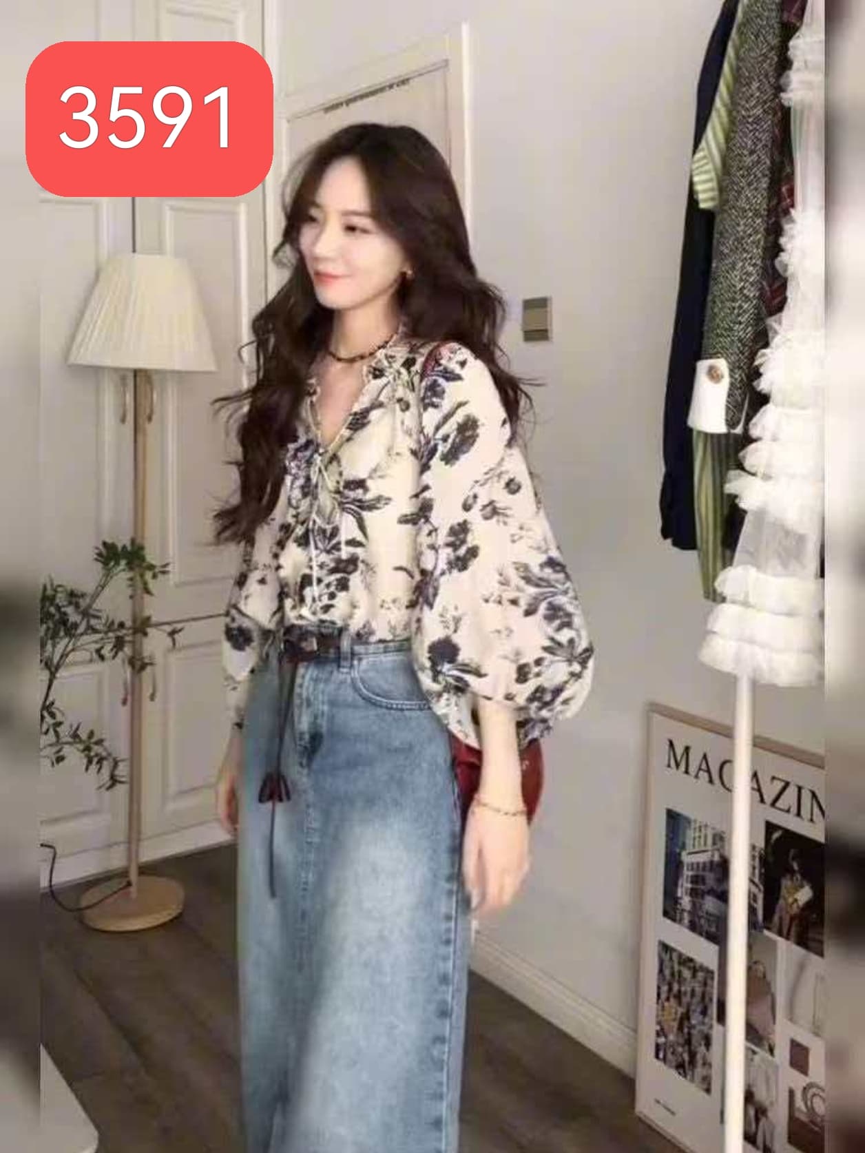 V넥 꽃무늬 셔츠 여성 코트 가을 겨울 2025 새로운 전단 표준 카운터 자외선 차단 블라우스 벌룬 소매 맨위