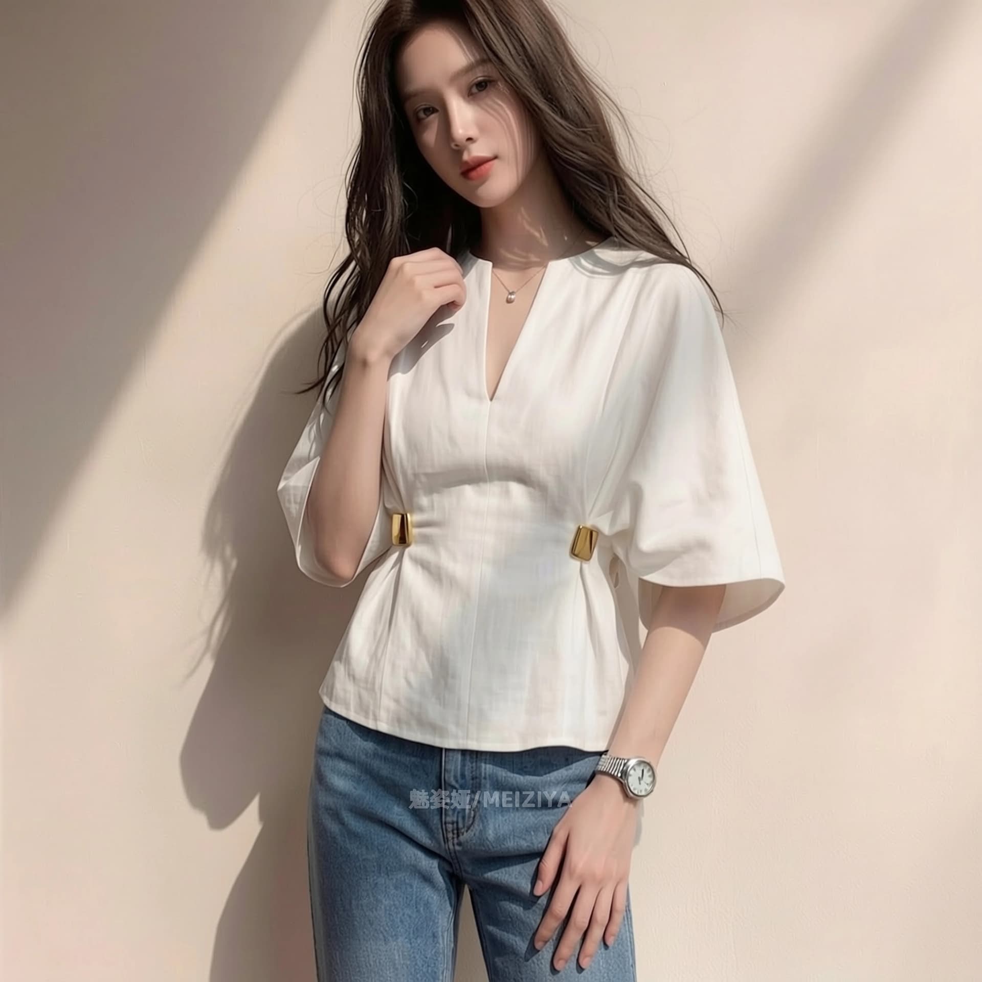 2026 새로운 한 부서 여름 화이트 5 점 소매 허리 수축 셔츠 여성 의류 고급 센스 빛 럭셔리 외국 가스 다용도 맨위 상세 이미지 4