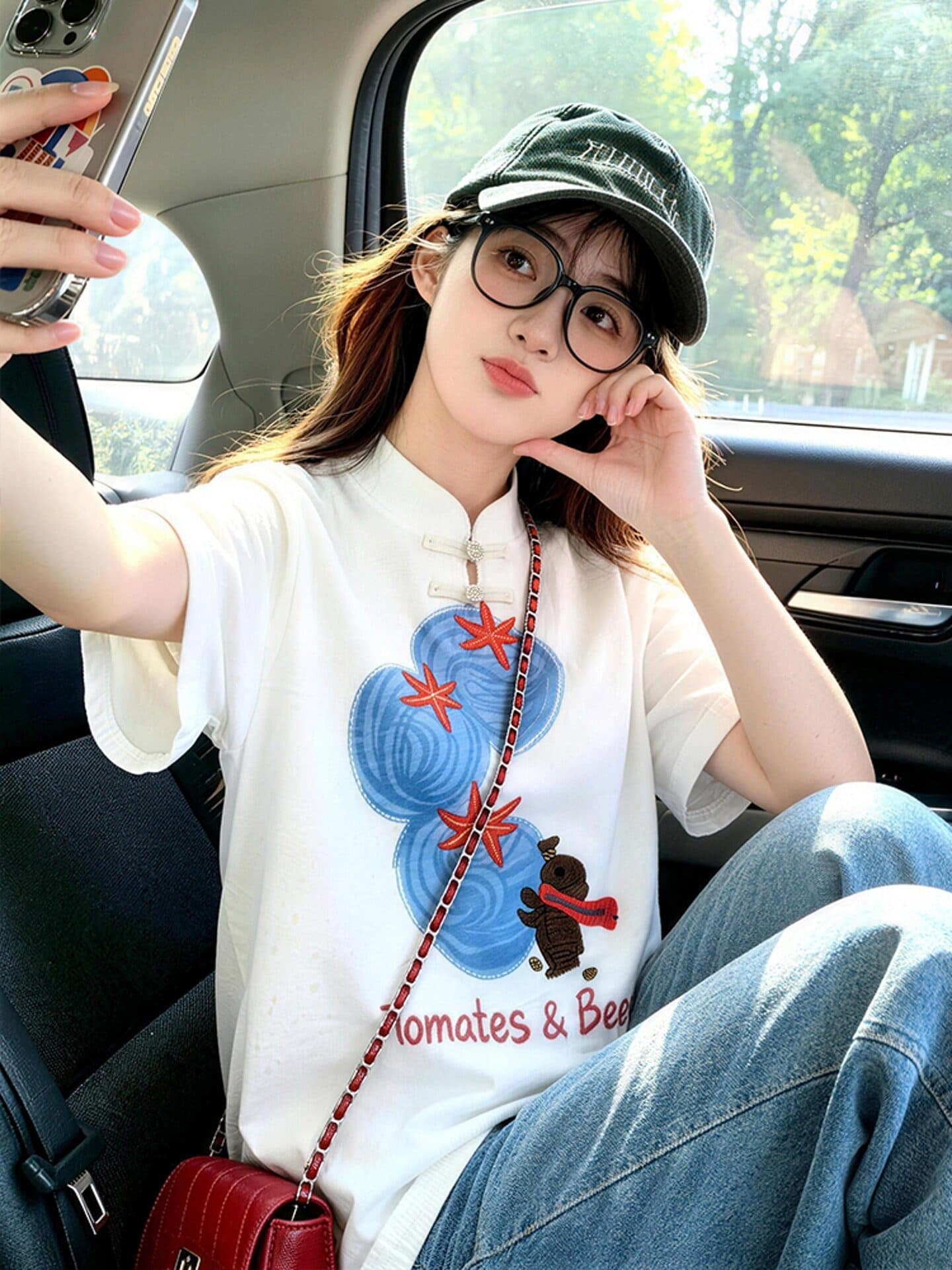 새로운 중식 화이트 단추 만화 프린트 반팔 티셔츠 새로운 루즈핏 슬림해 보이는 국풍 다용도 연령 감소 맨위 여름 상세 이미지 4