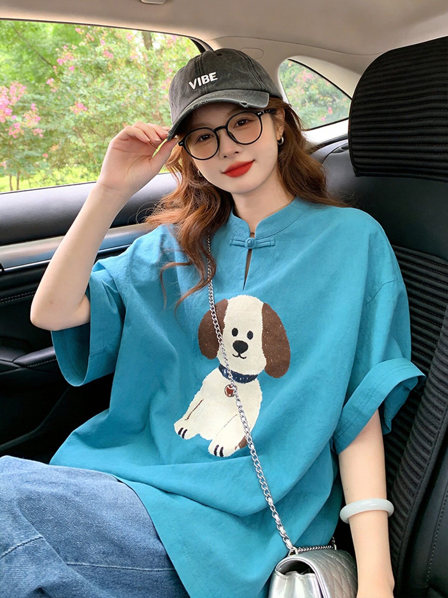 국풍 여성 의류 2026 새로운 파란색 강아지 프린트 면 린넨 반팔 티셔츠 영 에디션 새로운 중식 단추 맨위 이미지 4