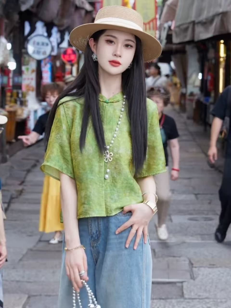 새로운 중식 국풍 녹색 반팔 여성 셔츠 여름 얇은 스타일 2025 새로운 빛 럭셔리 고급 센스 빅 사이즈 루즈핏 맨위 상세 이미지 4