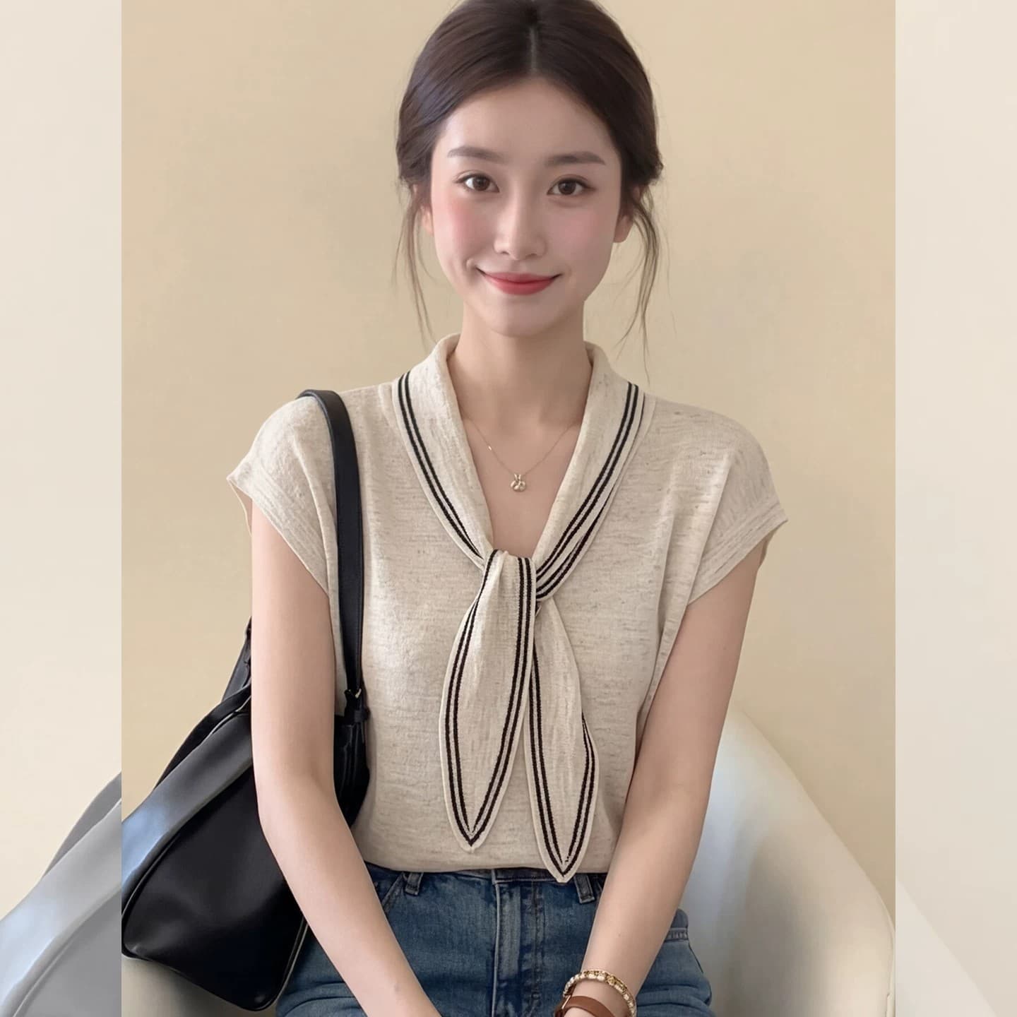 오래된 돈 바람 배색 숄 반팔 티셔츠 여성 의류 2026 여름 새로운 고유 한 슈퍼 잘 생긴 품격 슬림해 보이는 맨위 이미지 2