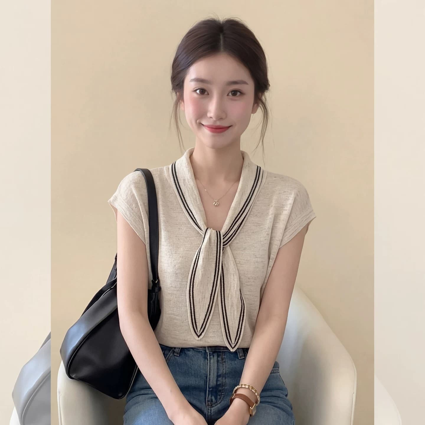 오래된 돈 바람 배색 숄 반팔 티셔츠 여성 의류 2026 여름 새로운 고유 한 슈퍼 잘 생긴 품격 슬림해 보이는 맨위 상세 이미지 1