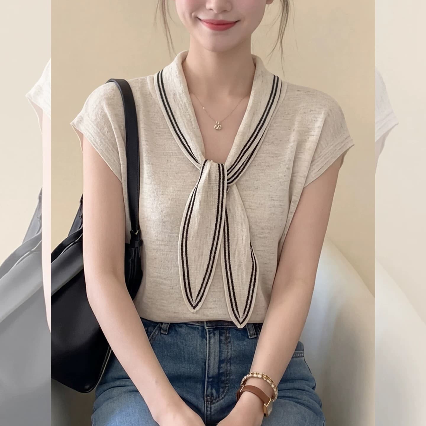 오래된 돈 바람 배색 숄 반팔 티셔츠 여성 의류 2026 여름 새로운 고유 한 슈퍼 잘 생긴 품격 슬림해 보이는 맨위 상세 이미지 5