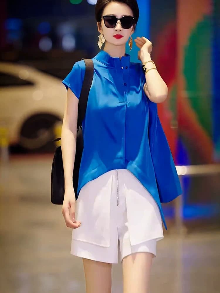 2026 여름 인기 프랑스식 빛 요리 한 바람 작은 대중 맨위 빛 럭셔리 고급 센스 파란색 POLO 칼라 반팔 여성 셔츠 이미지 2