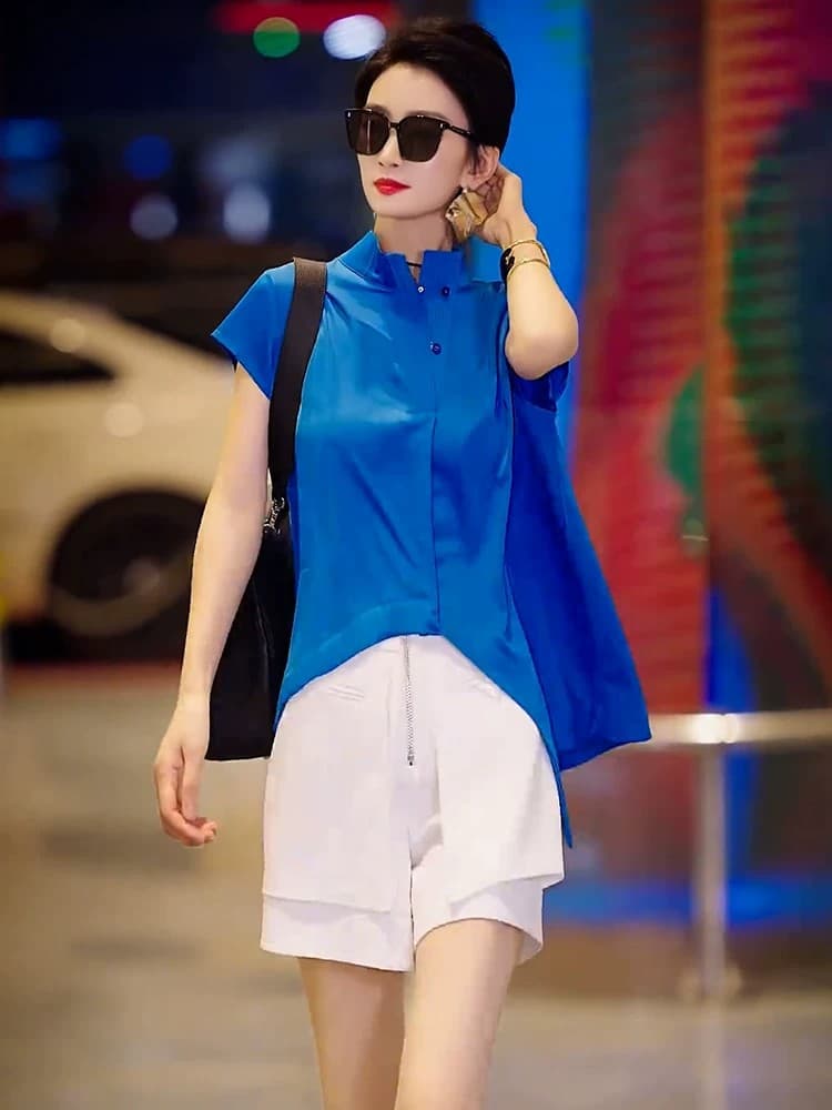 2026 여름 인기 프랑스식 빛 요리 한 바람 작은 대중 맨위 빛 럭셔리 고급 센스 파란색 POLO 칼라 반팔 여성 셔츠 상세 이미지 1