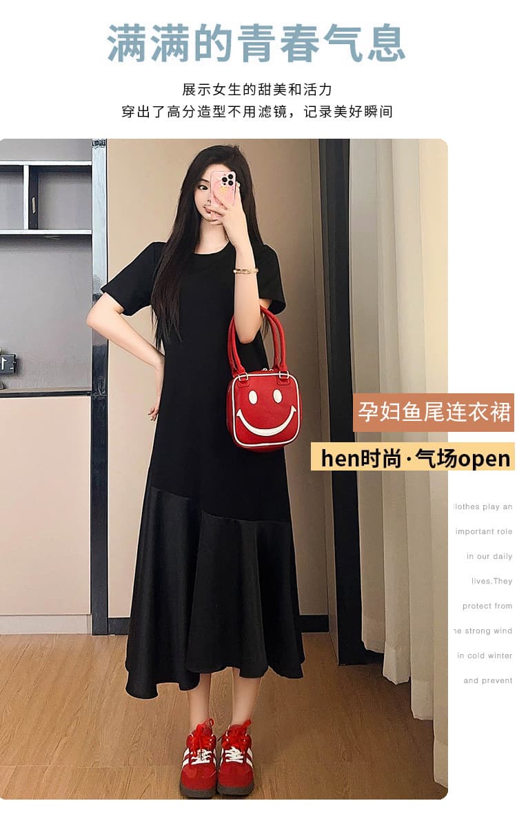 실사 임산부 드레스 여름 드레스 2026 새로운 고급 센스 그는 벤 바람 인어 꼬리 패치워크 작은 검은 드레스 여름 여성 상세 이미지 1