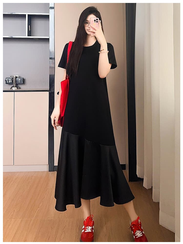 실사 임산부 드레스 여름 드레스 2026 새로운 고급 센스 그는 벤 바람 인어 꼬리 패치워크 작은 검은 드레스 여름 여성 상세 이미지 13
