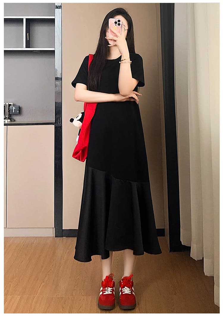실사 임산부 드레스 여름 드레스 2026 새로운 고급 센스 그는 벤 바람 인어 꼬리 패치워크 작은 검은 드레스 여름 여성 상세 이미지 16