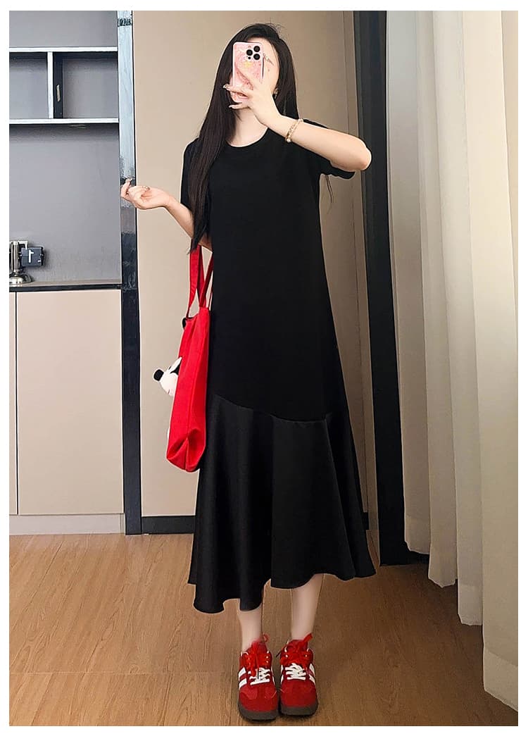실사 임산부 드레스 여름 드레스 2026 새로운 고급 센스 그는 벤 바람 인어 꼬리 패치워크 작은 검은 드레스 여름 여성 상세 이미지 19