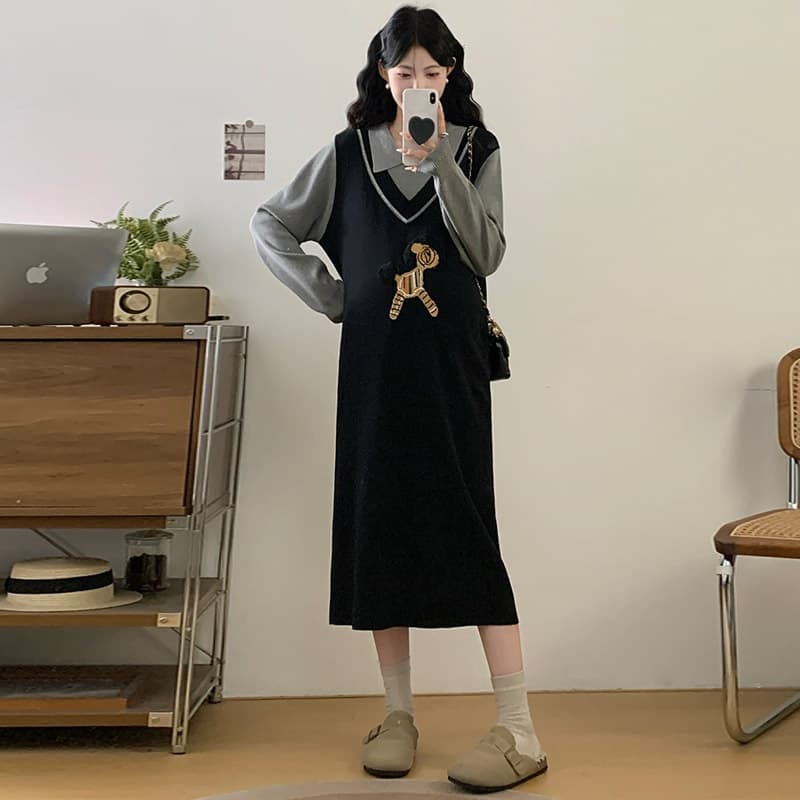 실사 임산부 드레스 가을 2026 새로운 봄 가을 패션 폴로 칼라 자카드 작은 말 니트 페이크 레이어드 치마 이미지 5