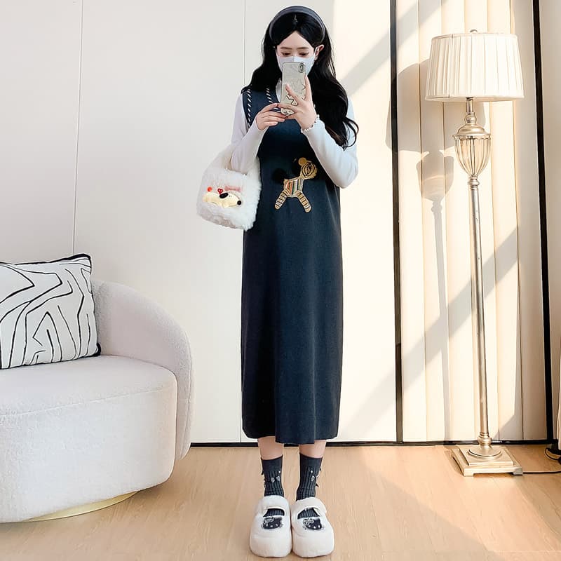 실사 임산부 드레스 가을 의상 2026 새로운 패션 폴로 칼라 자카드 작은 말 조끼 스커트 맨위 투피스 세트 이미지 4