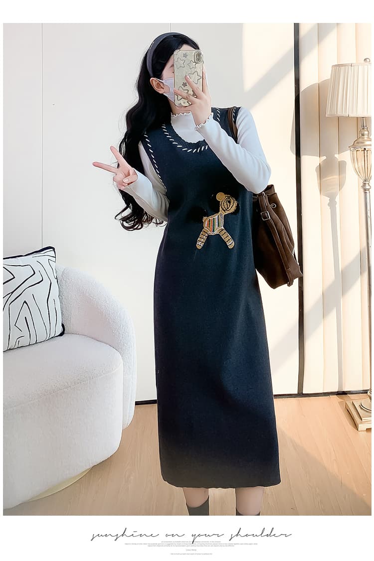 실사 임산부 드레스 가을 의상 2026 새로운 패션 폴로 칼라 자카드 작은 말 조끼 스커트 맨위 투피스 세트 상세 이미지 13