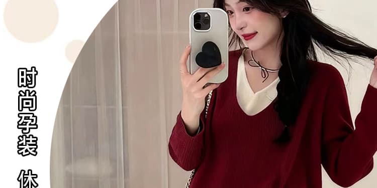 신제품 임산부 가을 의상 세트 2026 새로운 봄 가을 캐주얼 페이크 레이어드 니트 스웨터 반신 스커트 투피스 세트 상세 이미지 5
