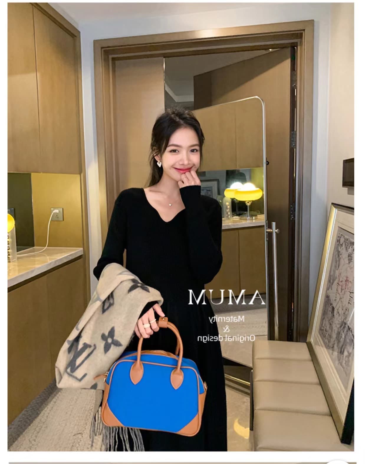 신제품 임산부 가을 의상 드레스 2026 새로운 한국 스타일 루즈핏 미니멀리즘 외국 가스 V넥 니트 출산 스커트 봄 가을 상세 이미지 17