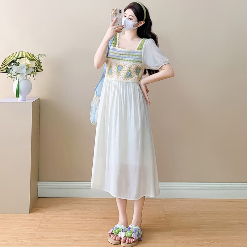실사 임산부 드레스 여름 드레스 2026 새로운 거품 소매 다이아몬드 모양 꽃 디자인 센스 연령 감소 쉬폰 A라인 스커트 이미지 5