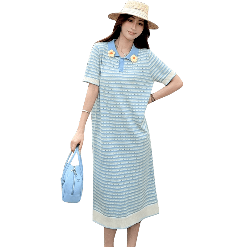실사 임산부 드레스 여름 드레스 2026 새로운 한 부서 Chic 폴로 칼라 스트라이프 꽃 홀로우 아웃 얼음 실크 롱 스커트 이미지 5