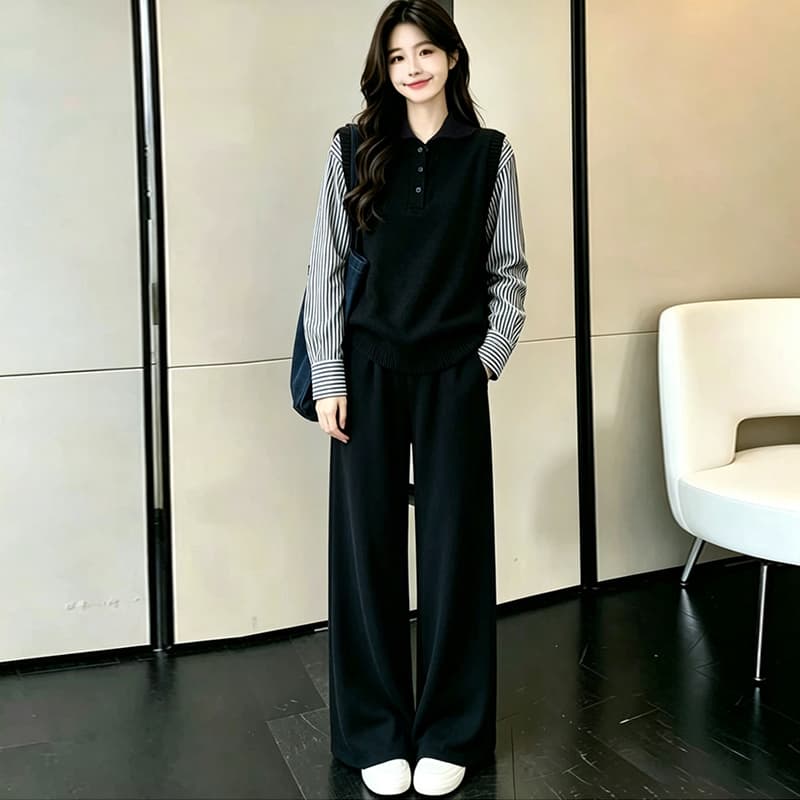 신제품 임산부 가을 의상 세트 2026 새로운 봄 가을 한국 스타일 캐주얼 싸움 소매 맨위 와이드 레그 팬츠 투피스 세트 이미지 3