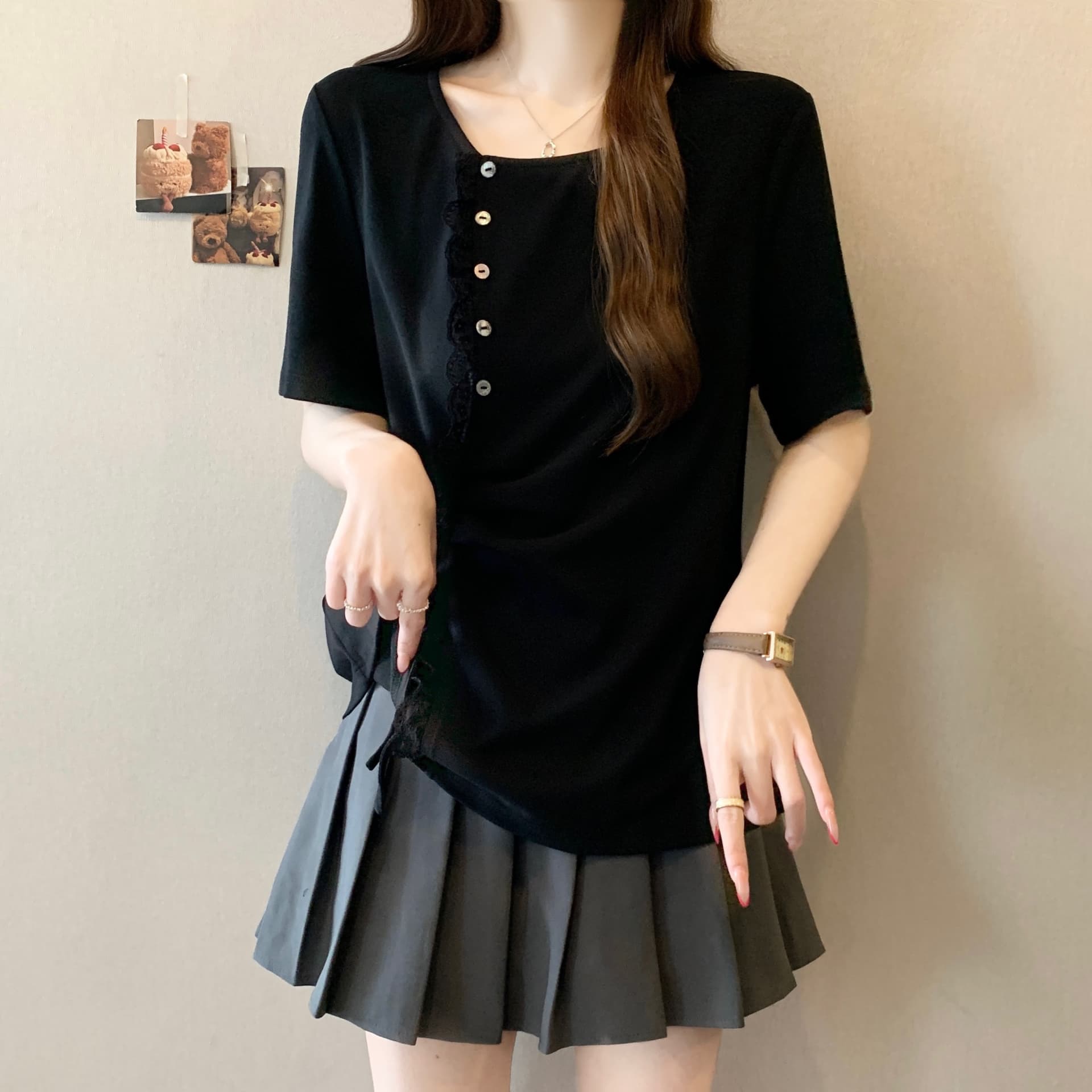 실사 빅 사이즈 지방 mm 2026 여름 새로운 디자인 센스 연령 감소 레이스 레이스 니트 스웨터 반팔 티셔츠 맨위 상세 이미지 13