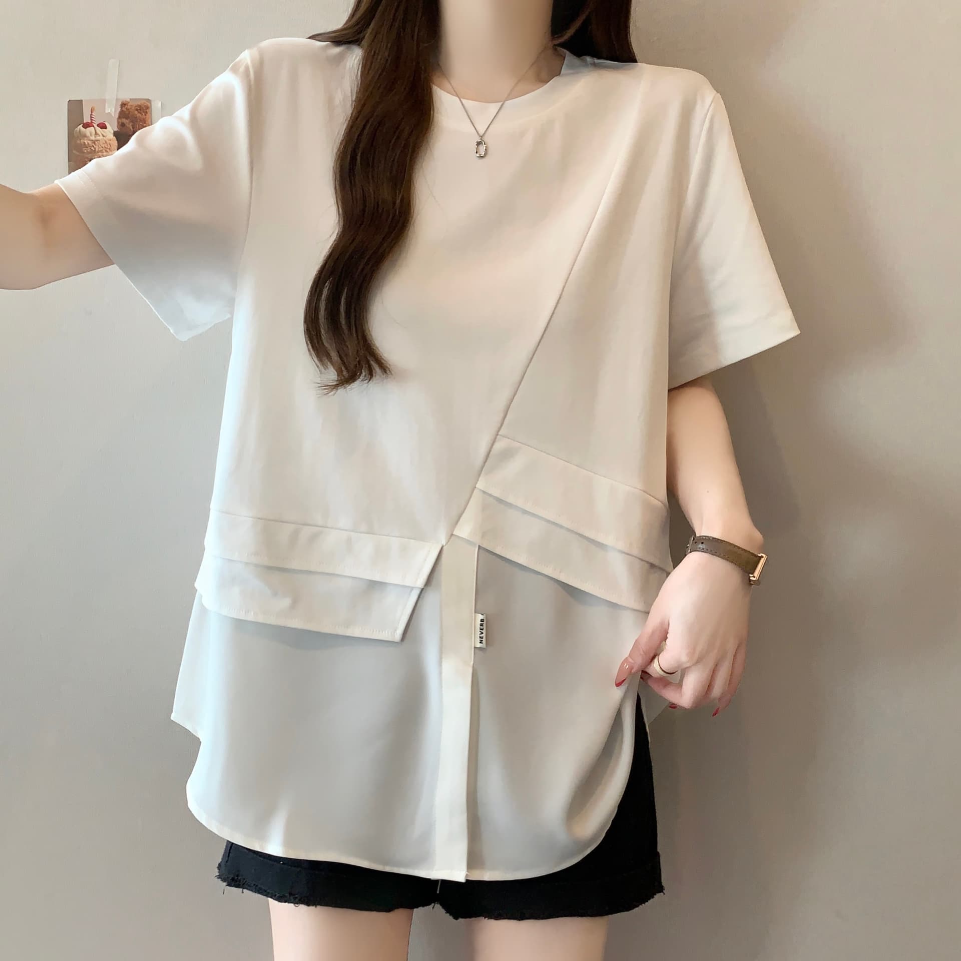 실사 빅 사이즈 지방 mm 2026 여름 섹션 캐주얼 작은 대중 페이크 레이어드 티셔츠 루즈핏 슬림해 보이는 패치워크 연령 감소 맨위 이미지 4