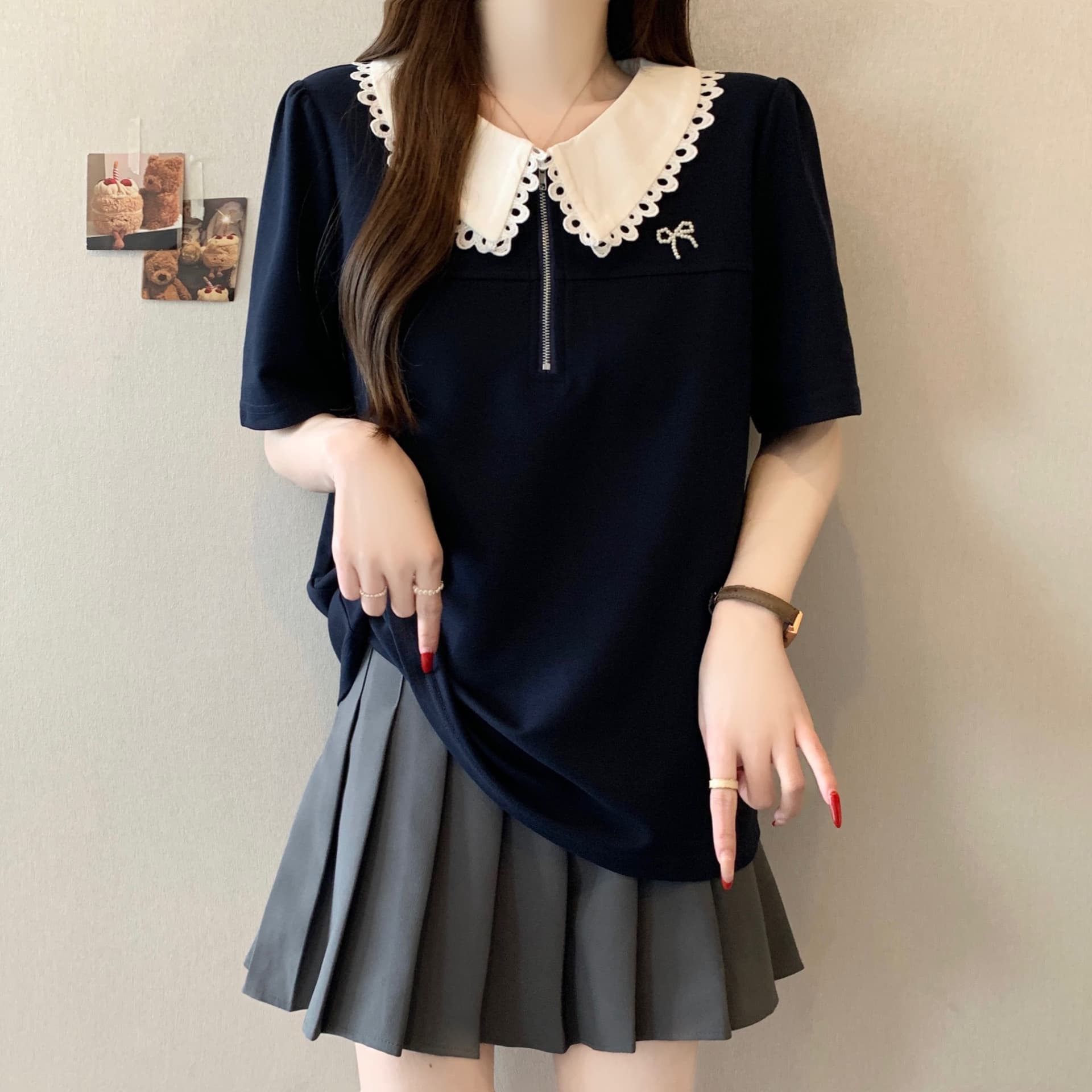 실사 빅 사이즈 여성 의류 배색 베이비 칼라 티셔츠 여성 2026 여름 새로운 지방 mm 하프 지퍼 맨위 이미지 2