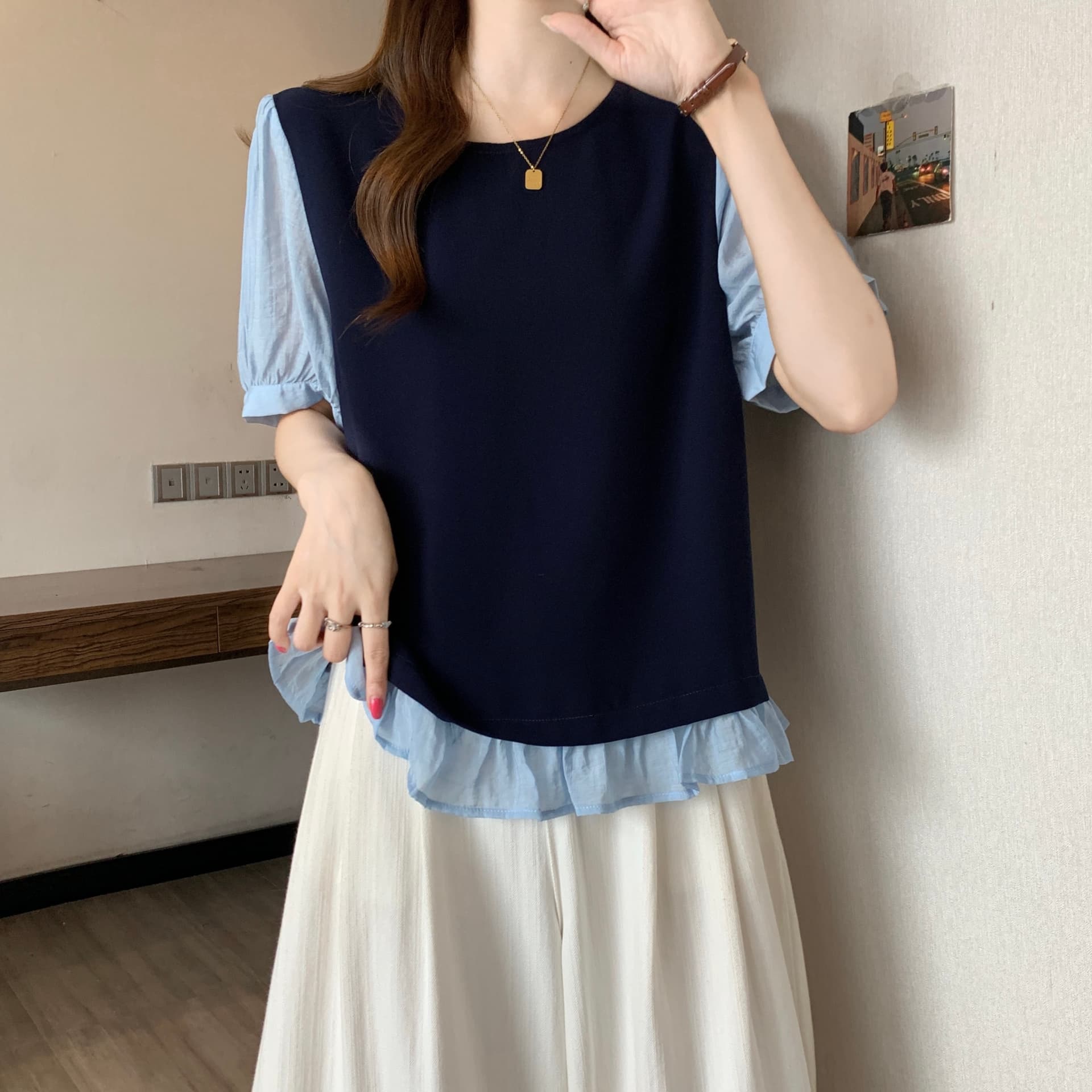 실사 빅 사이즈 지방 mm 페이크 레이어드 한 부서 작은 셔츠 2026 여름 새로운 패션 레이스 패치워크 맨위 이미지 3