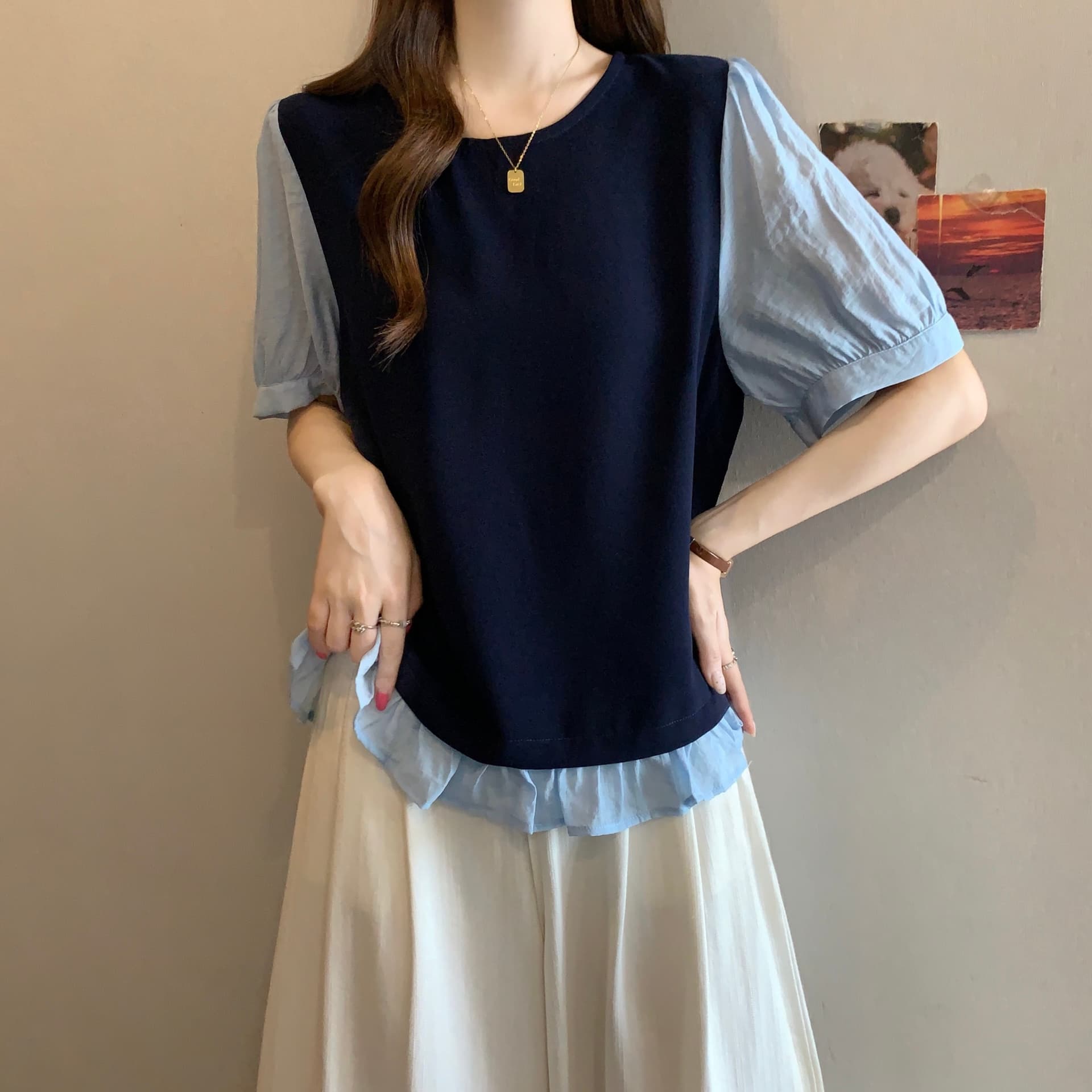 실사 빅 사이즈 지방 mm 페이크 레이어드 한 부서 작은 셔츠 2026 여름 새로운 패션 레이스 패치워크 맨위 이미지 6