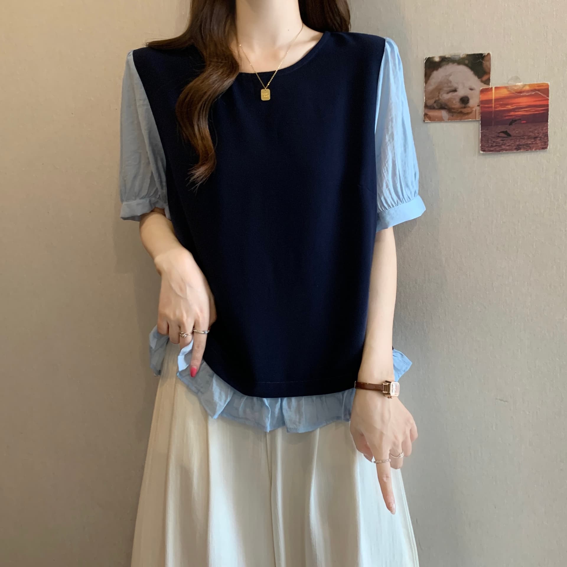실사 빅 사이즈 지방 mm 페이크 레이어드 한 부서 작은 셔츠 2026 여름 새로운 패션 레이스 패치워크 맨위 상세 이미지 6