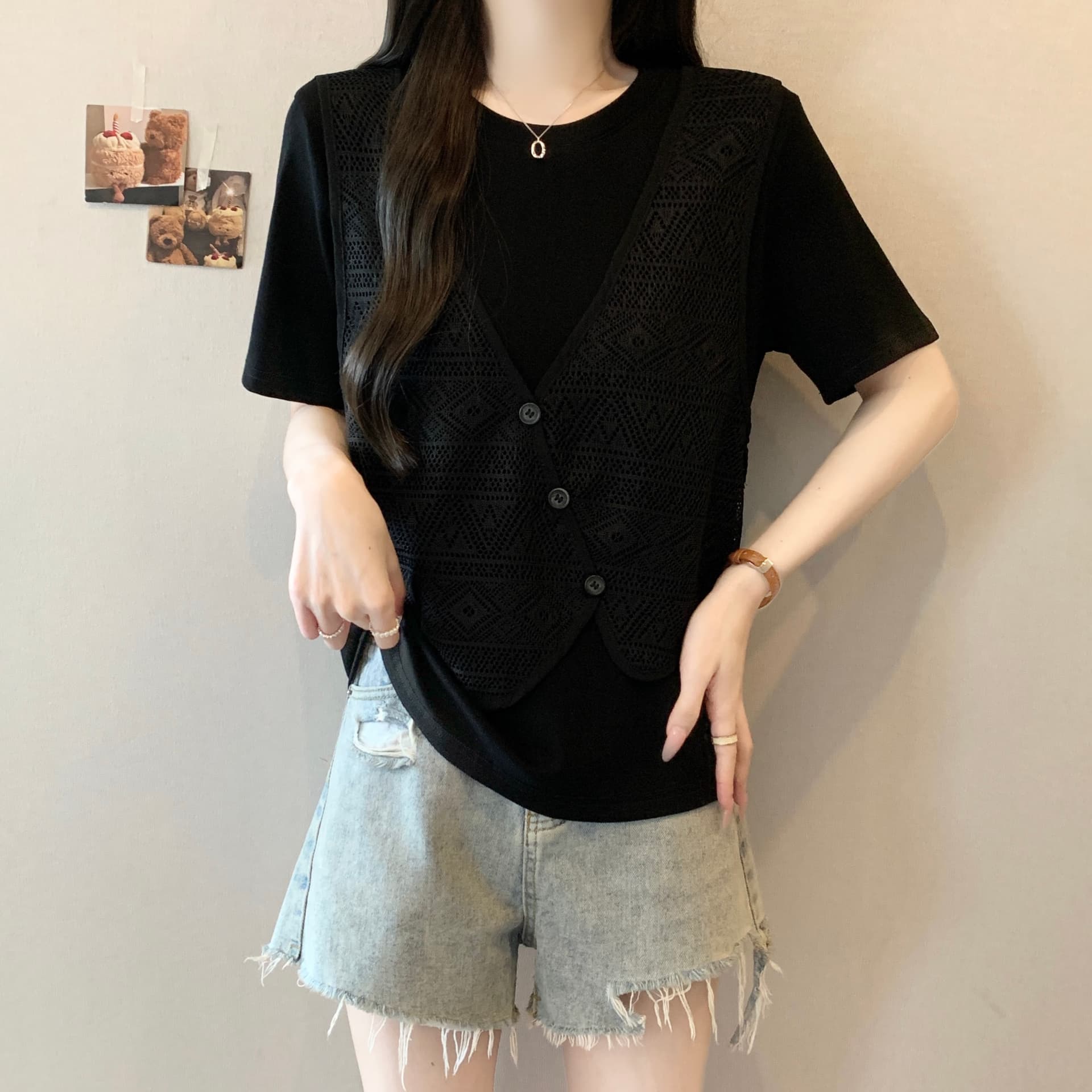 실사 빅 사이즈 지방 mm 2026 여름 새로운 디자인 센스 다용도 슬림해 보이는 페이크 레이어드 홀로우 아웃 반팔 티셔츠 맨위 상세 이미지 5