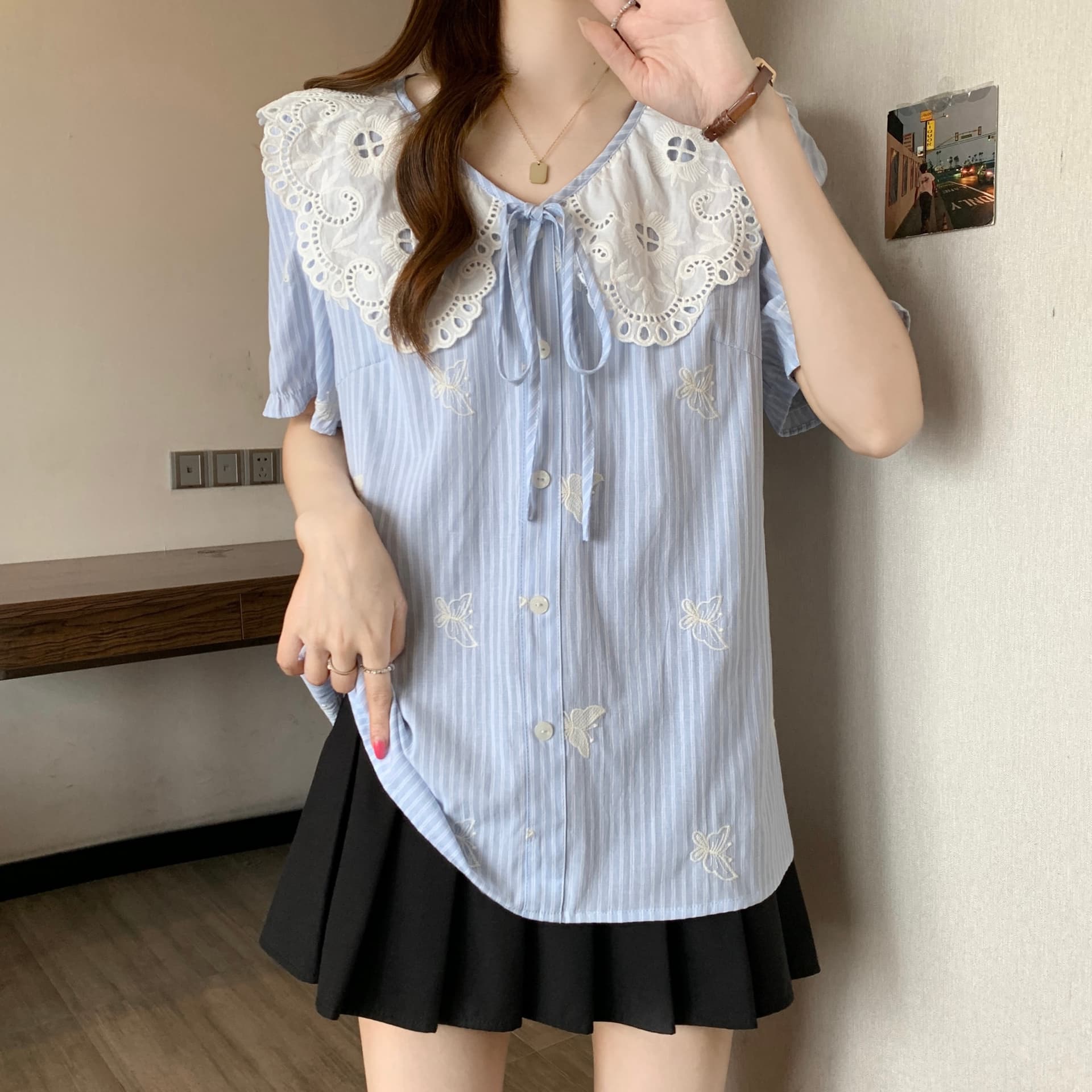 실사 빅 사이즈 베이비 칼라 자수 셔츠 지방 mm 스트라이프 표지 배 여름 새로운 프랑스식 달콤함 맨위 상세 이미지 3