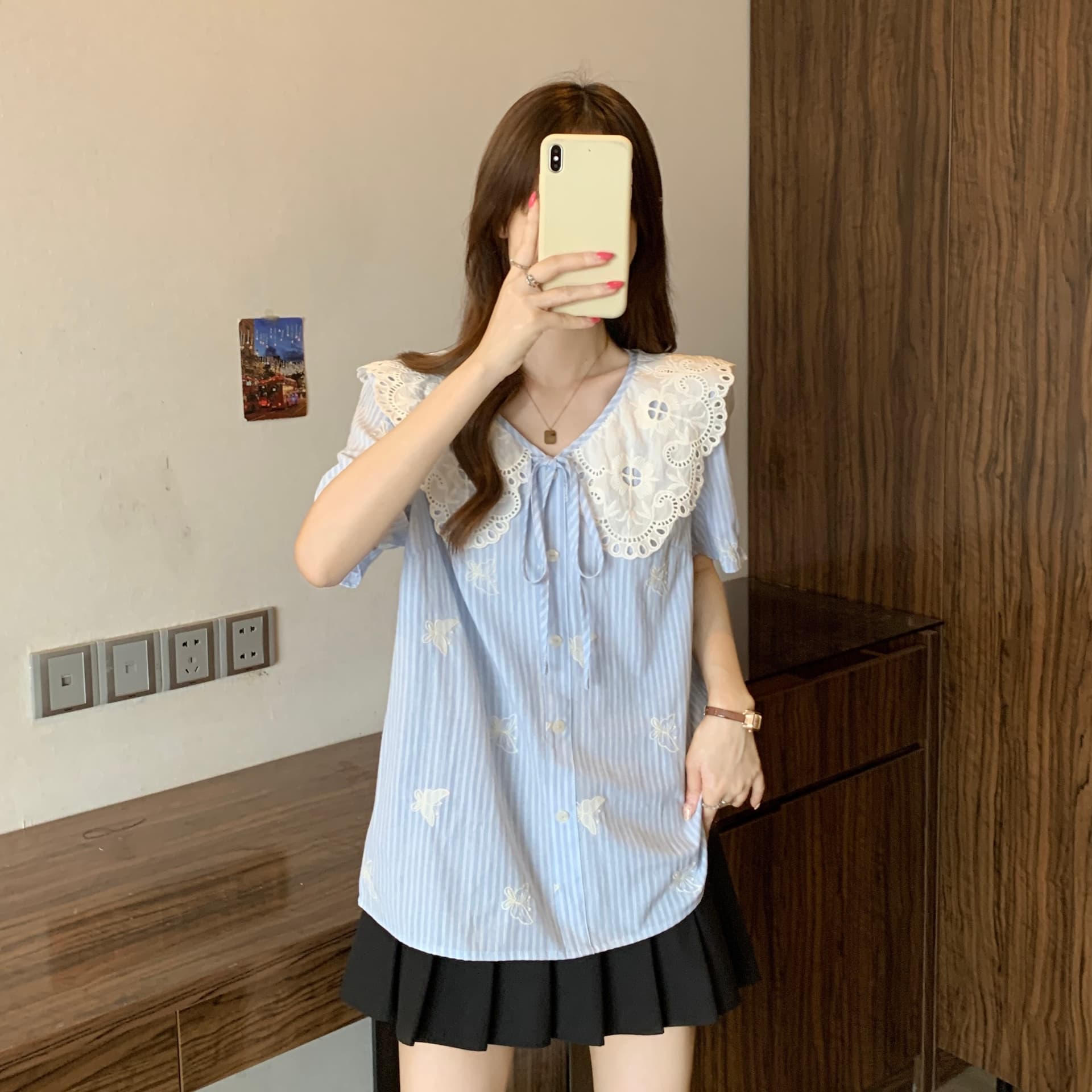실사 빅 사이즈 베이비 칼라 자수 셔츠 지방 mm 스트라이프 표지 배 여름 새로운 프랑스식 달콤함 맨위 상세 이미지 6