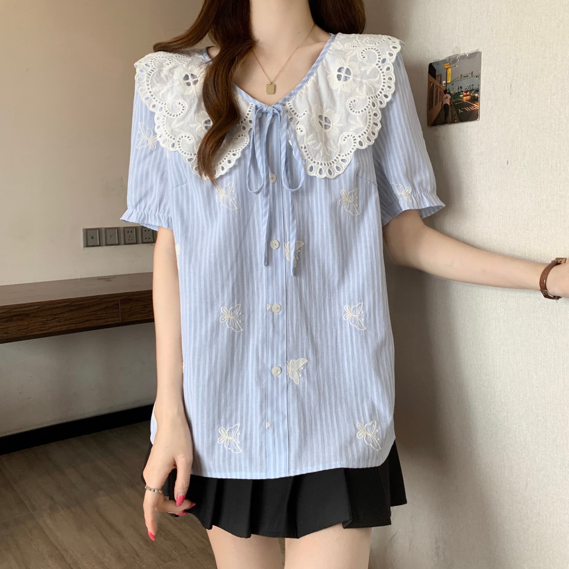 실사 빅 사이즈 베이비 칼라 자수 셔츠 지방 mm 스트라이프 표지 배 여름 새로운 프랑스식 달콤함 맨위 상세 이미지 10