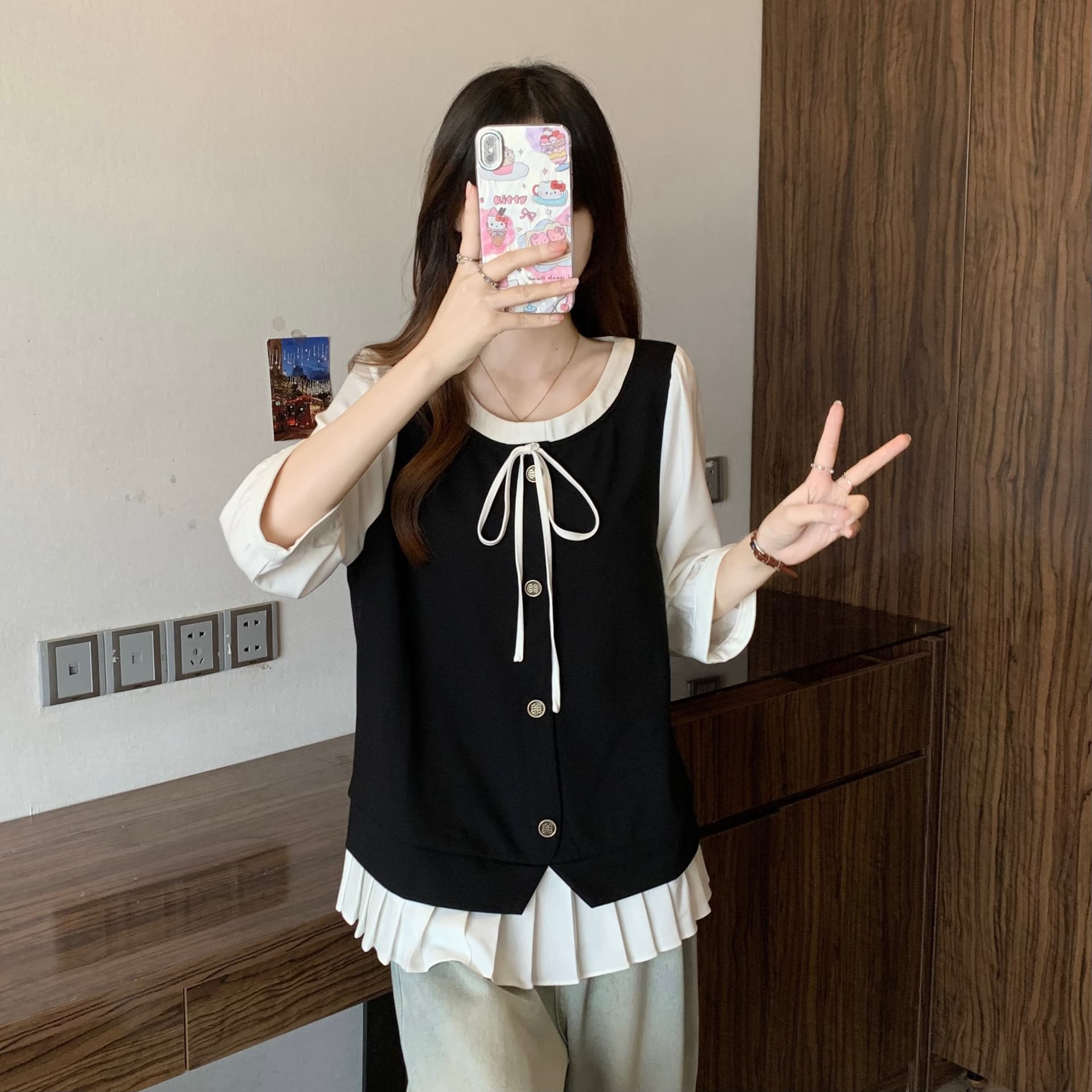 실사 빅 사이즈 이른 가을 프랑스식 플리츠 패치워크 페이크 레이어드 여성 셔츠 지방 mm 디자인 센스 표지 고기 슬림해 보이는 맨위 상세 이미지 6