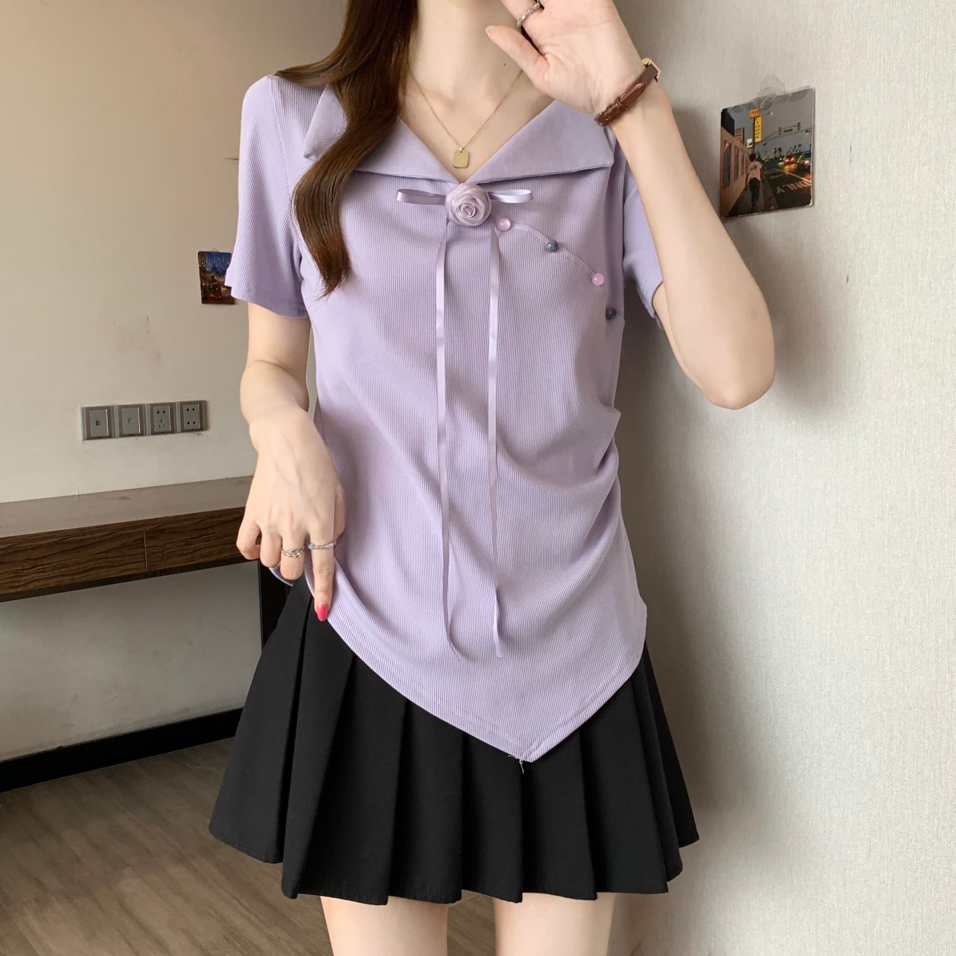 실사 2026 새로운 빅 사이즈 여성 의류 지방 mm 디자인 센스 보라색 작은 대중 Chic 표지 배 슬림해 보이는 다용도 맨위 상세 이미지 9