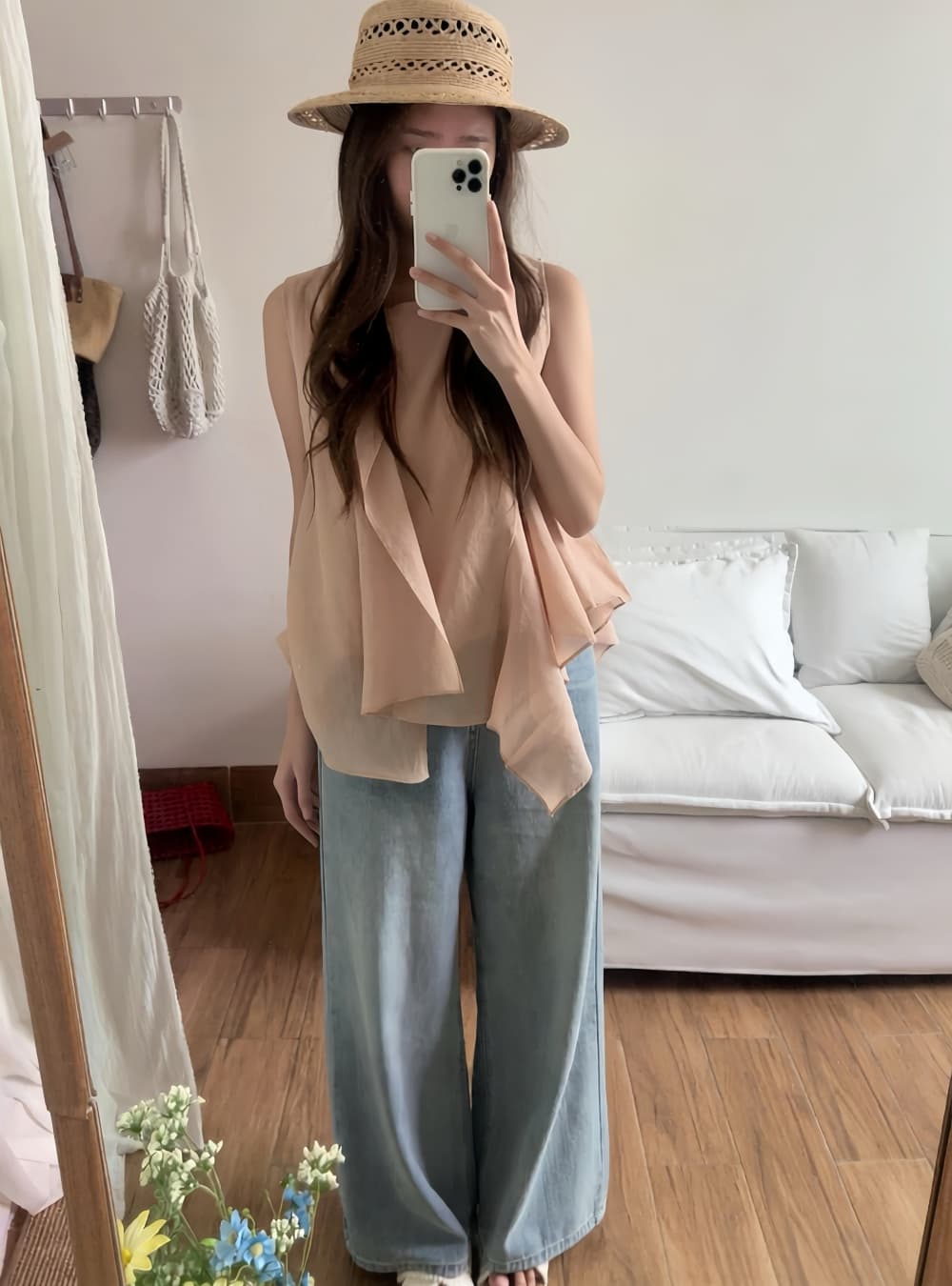 실사 한국 스타일 여름 밝은 색상 시스템 디자인 센스 불규칙 프릴 절묘한 라운드 넥 루즈핏 민소매 조끼 상세 이미지 1