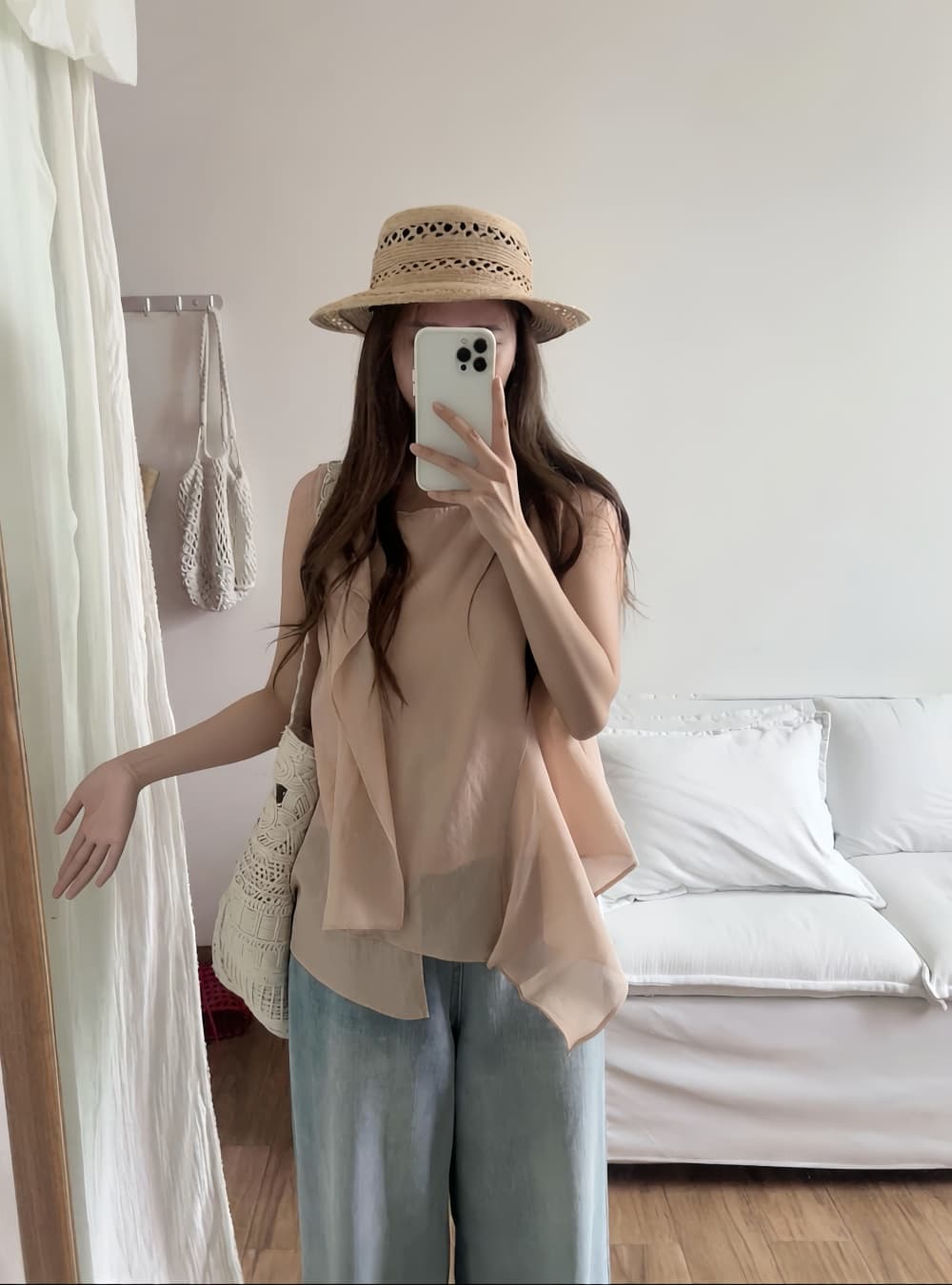 실사 한국 스타일 여름 밝은 색상 시스템 디자인 센스 불규칙 프릴 절묘한 라운드 넥 루즈핏 민소매 조끼 상세 이미지 3