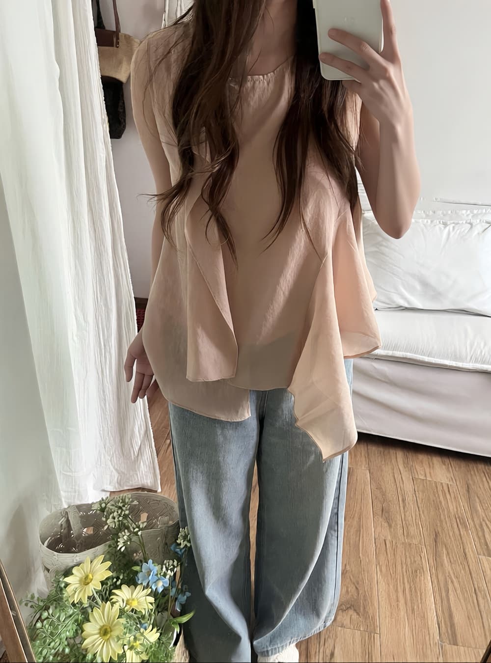 실사 한국 스타일 여름 밝은 색상 시스템 디자인 센스 불규칙 프릴 절묘한 라운드 넥 루즈핏 민소매 조끼 상세 이미지 5