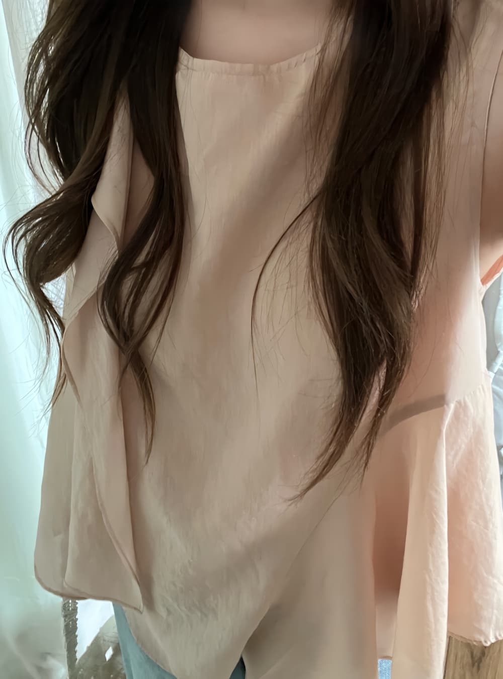 실사 한국 스타일 여름 밝은 색상 시스템 디자인 센스 불규칙 프릴 절묘한 라운드 넥 루즈핏 민소매 조끼 상세 이미지 7