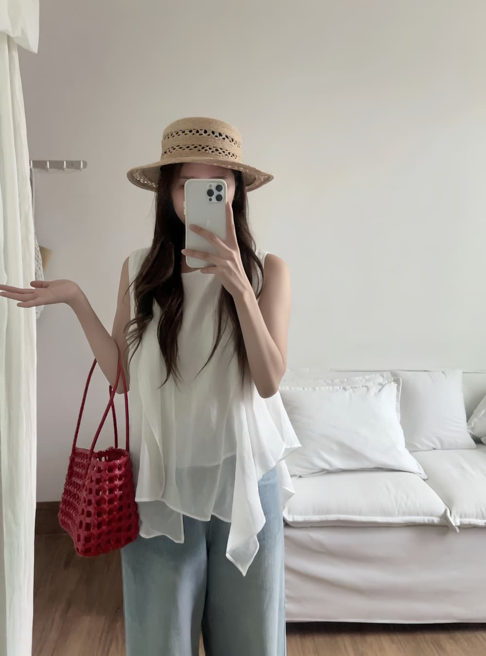 실사 한국 스타일 여름 밝은 색상 시스템 디자인 센스 불규칙 프릴 절묘한 라운드 넥 루즈핏 민소매 조끼 상세 이미지 8
