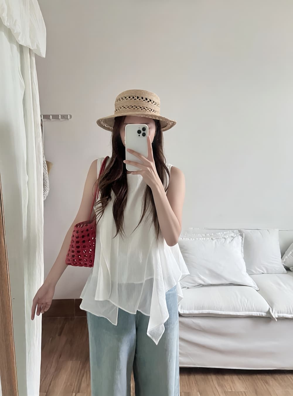실사 한국 스타일 여름 밝은 색상 시스템 디자인 센스 불규칙 프릴 절묘한 라운드 넥 루즈핏 민소매 조끼 상세 이미지 9