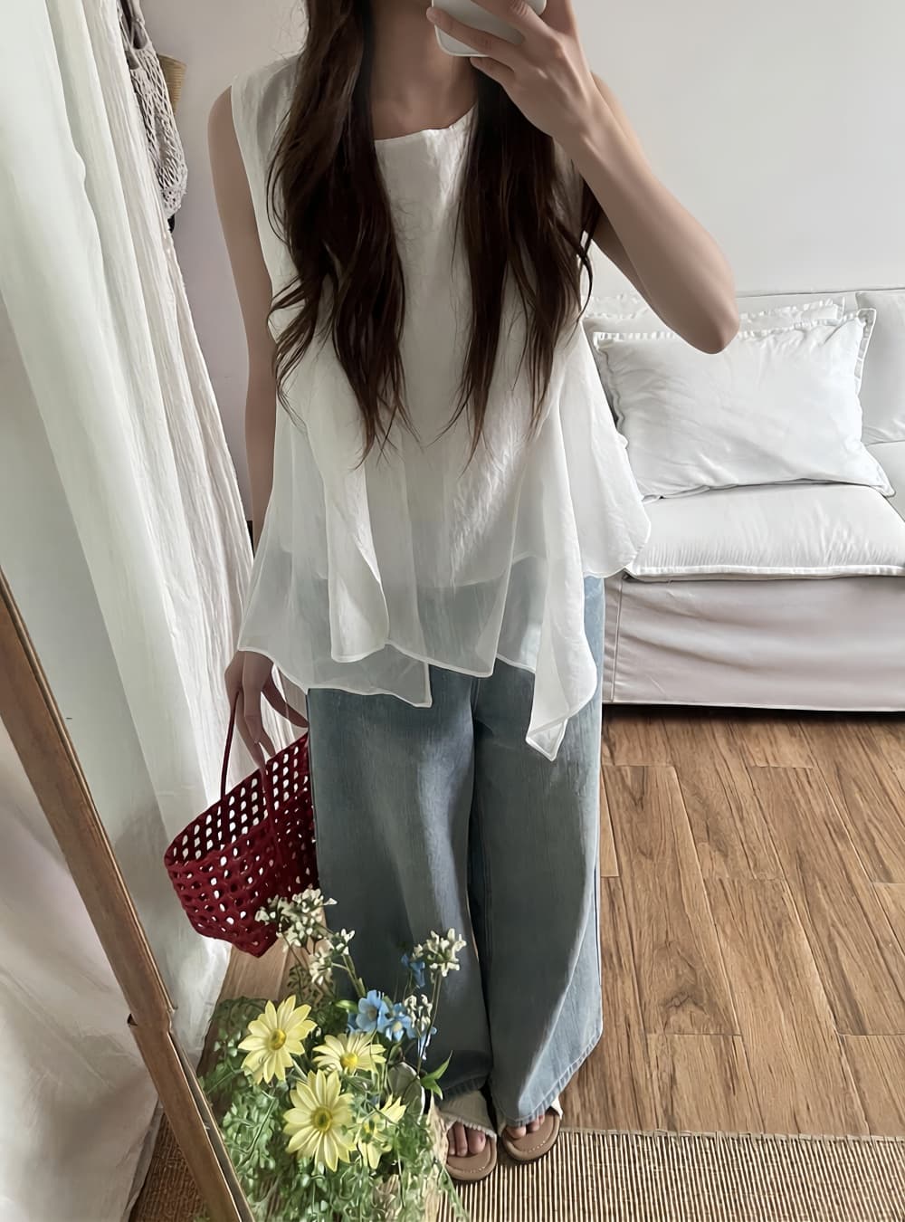 실사 한국 스타일 여름 밝은 색상 시스템 디자인 센스 불규칙 프릴 절묘한 라운드 넥 루즈핏 민소매 조끼 상세 이미지 10