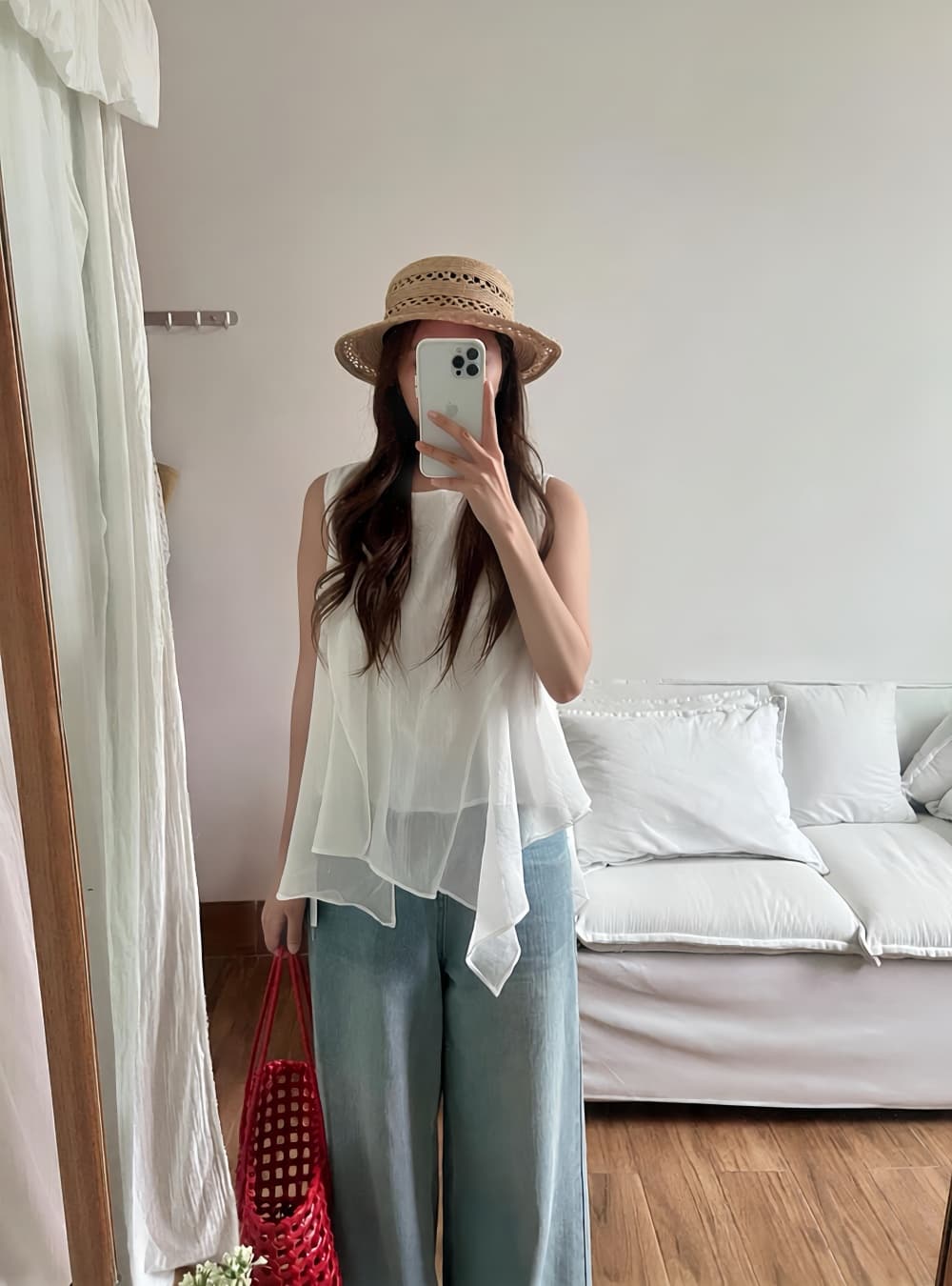실사 한국 스타일 여름 밝은 색상 시스템 디자인 센스 불규칙 프릴 절묘한 라운드 넥 루즈핏 민소매 조끼 상세 이미지 11